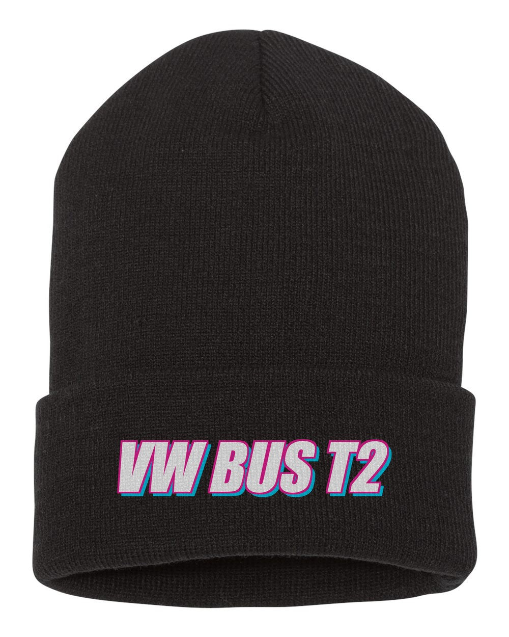 Vw Bus T2 black beanie front view with car name