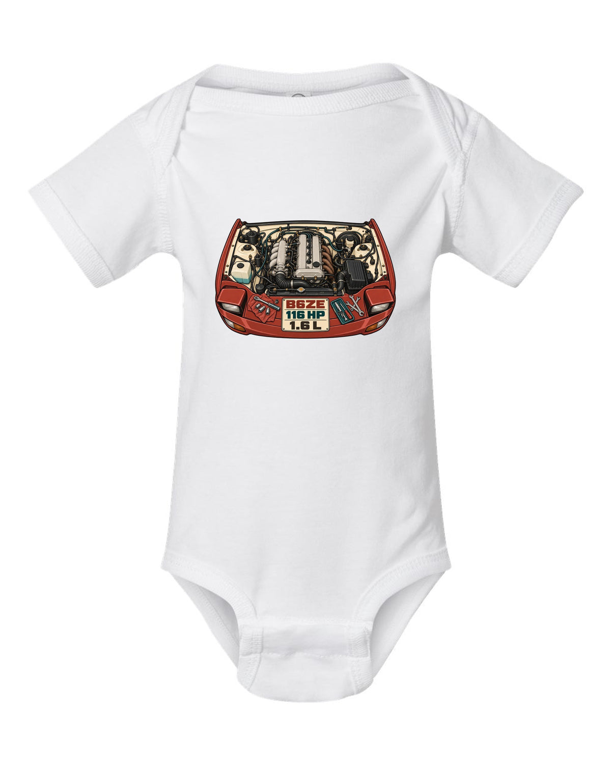 Parts-catalogue illustration of the Mazda MX-5 NA engine bay with B6ZE / 116 HP / 1.6 L lettering white baby onesie front view with the design