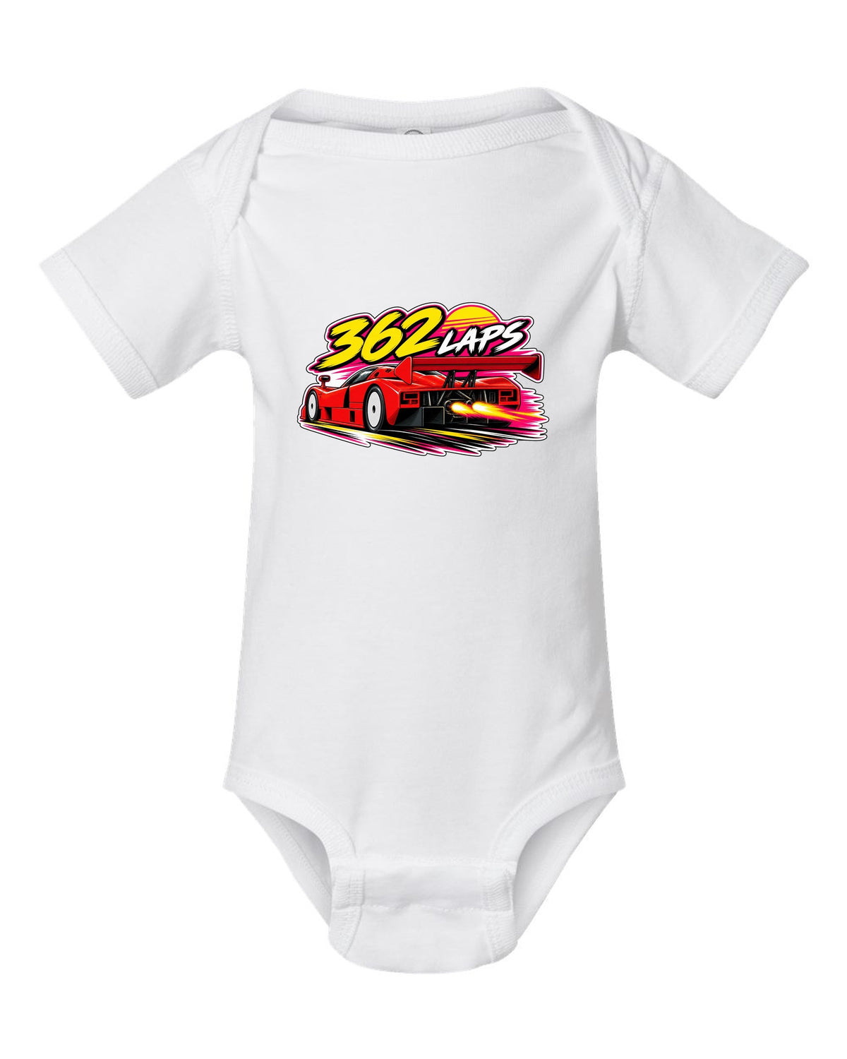 Retro 90s racing sticker-bomb collage for the Mazda 787B with 362 LAPS lettering white baby onesie front view with the design