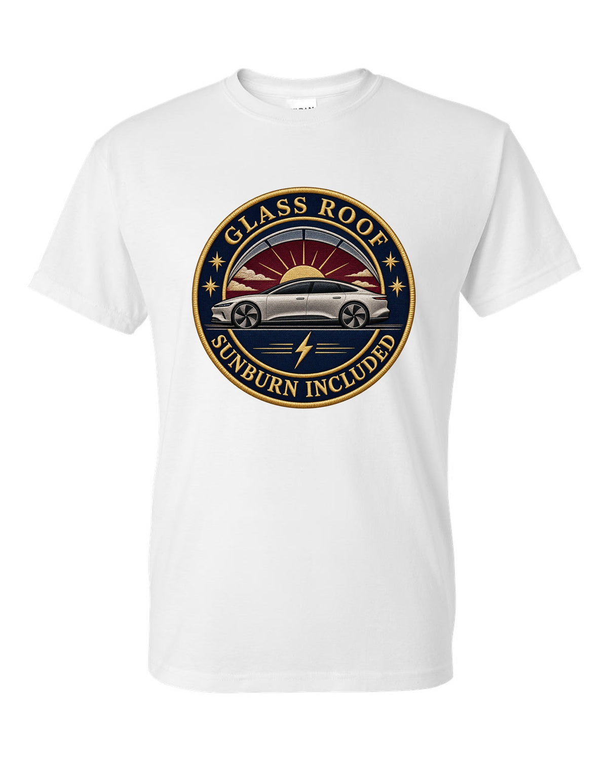 Lucid Air Sapphire round embroidery-style crest print with the text glass roof sunburn included white t-shirt front view with the design