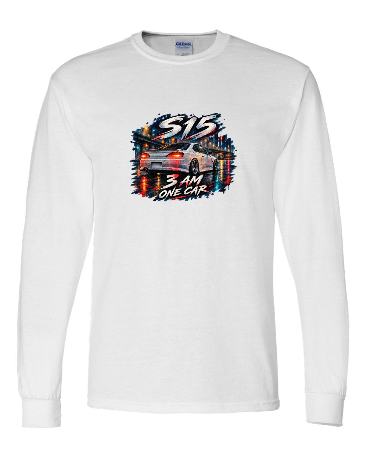 Watercolour wet-road night scene of a Nissan Silvia S15 at 3 AM white long sleeve front view with the design