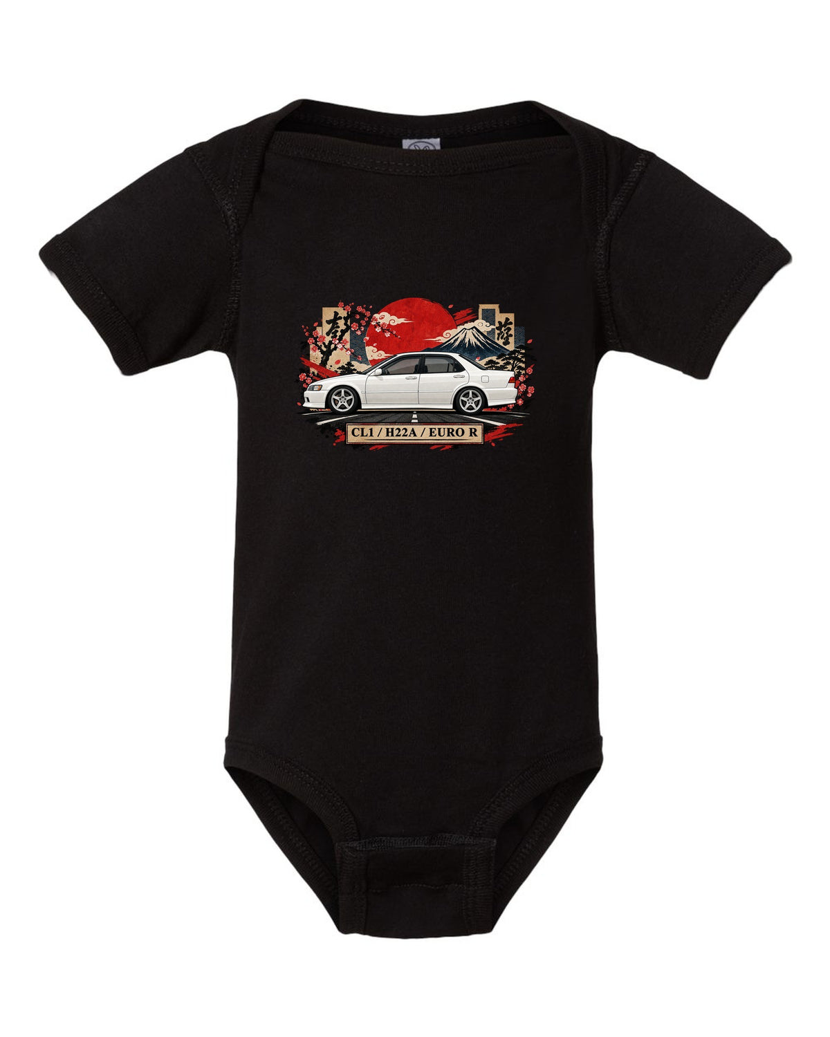 Japanese kanji plate collage print for the Honda Accord Euro R CL1 with H22A text black baby onesie front view with the design