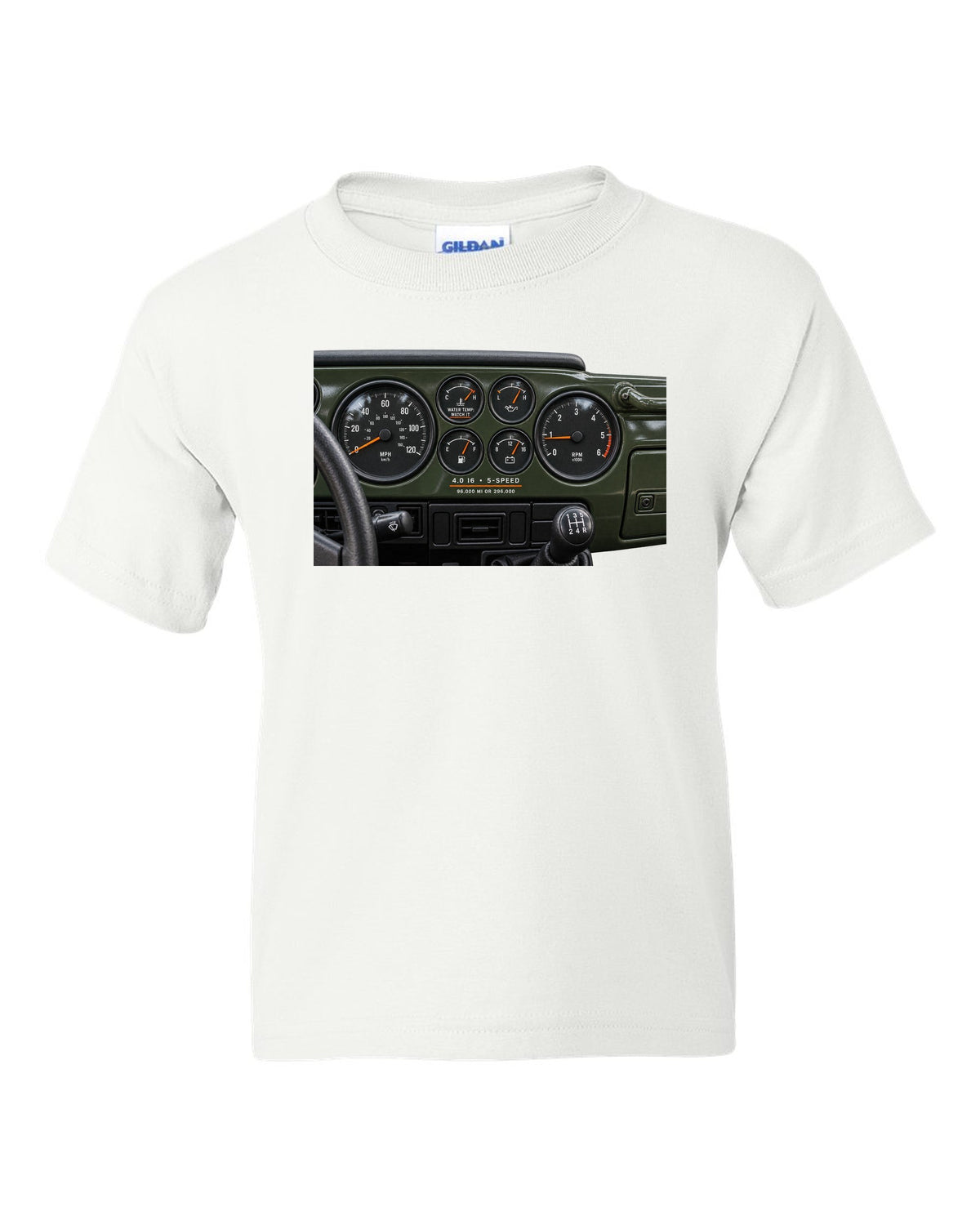 Gauge cluster print for the Jeep Wrangler TJ 4.0 I6, 1997-2006 white kids tee front view with the design