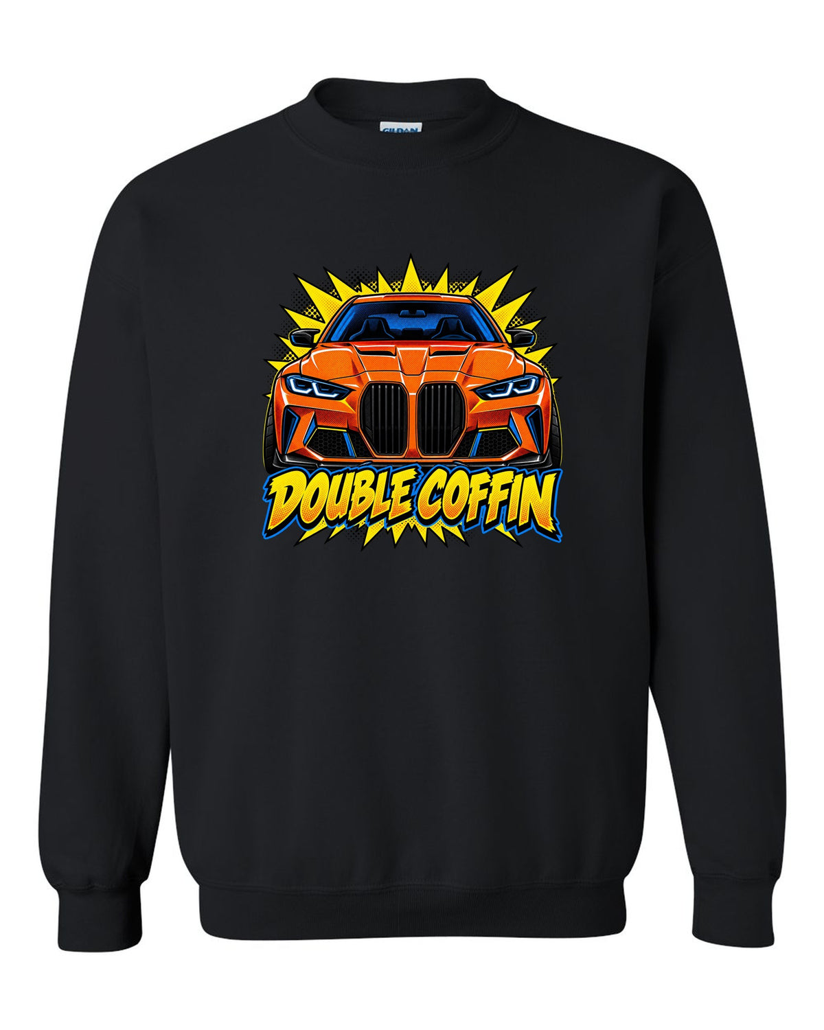 BMW G80 M3 head-on comic halftone pop art print with Double Coffin text black crewneck front view with the design
