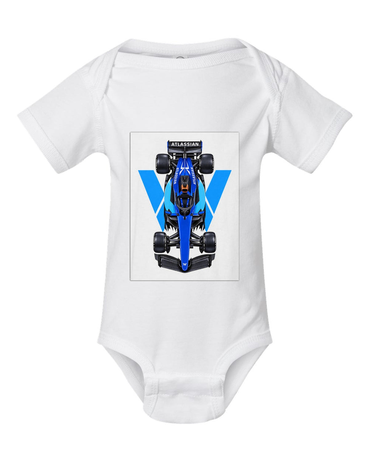 Williams FW48 Formula 1 overhead poster artwork white baby onesie front view with the design