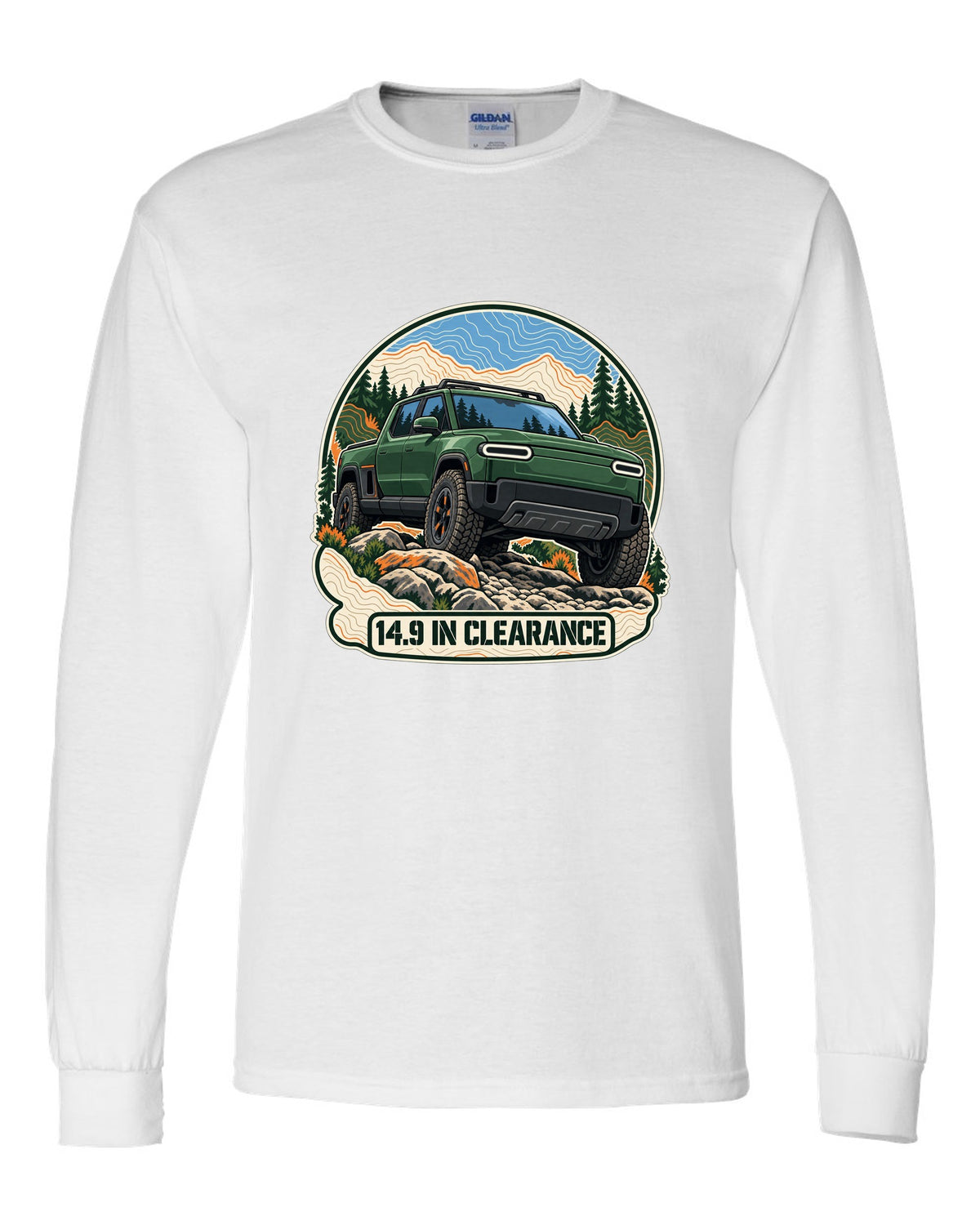 Topographic contour map illustration print of a Rivian R1T reading 14.9 In Clearance white long sleeve front view with the design