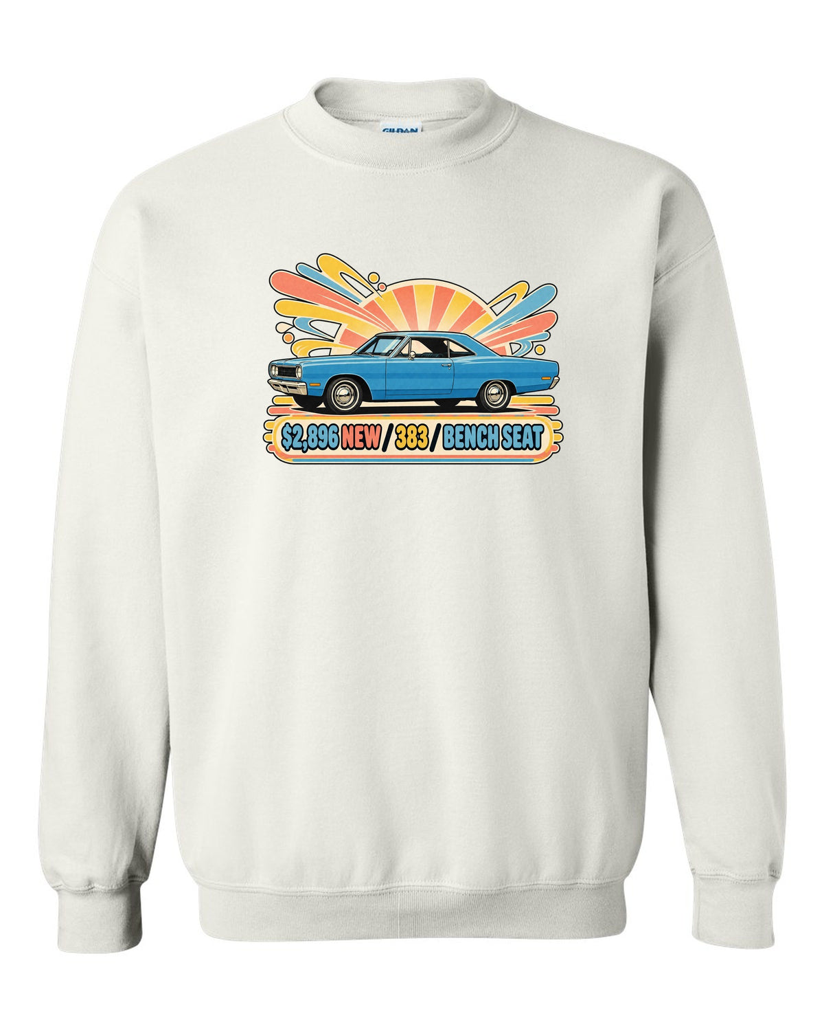 Retro Japanese showa catalogue ad of a 1968 Plymouth Road Runner with price 383 and bench seat text white crewneck front view with the design