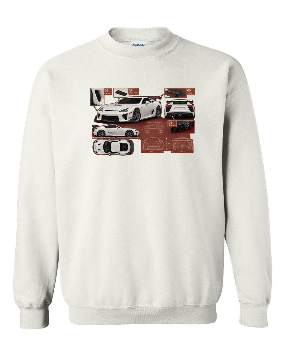Aero callout diagram of the 2020 Lexus RC F Track Edition white crewneck front view with the design