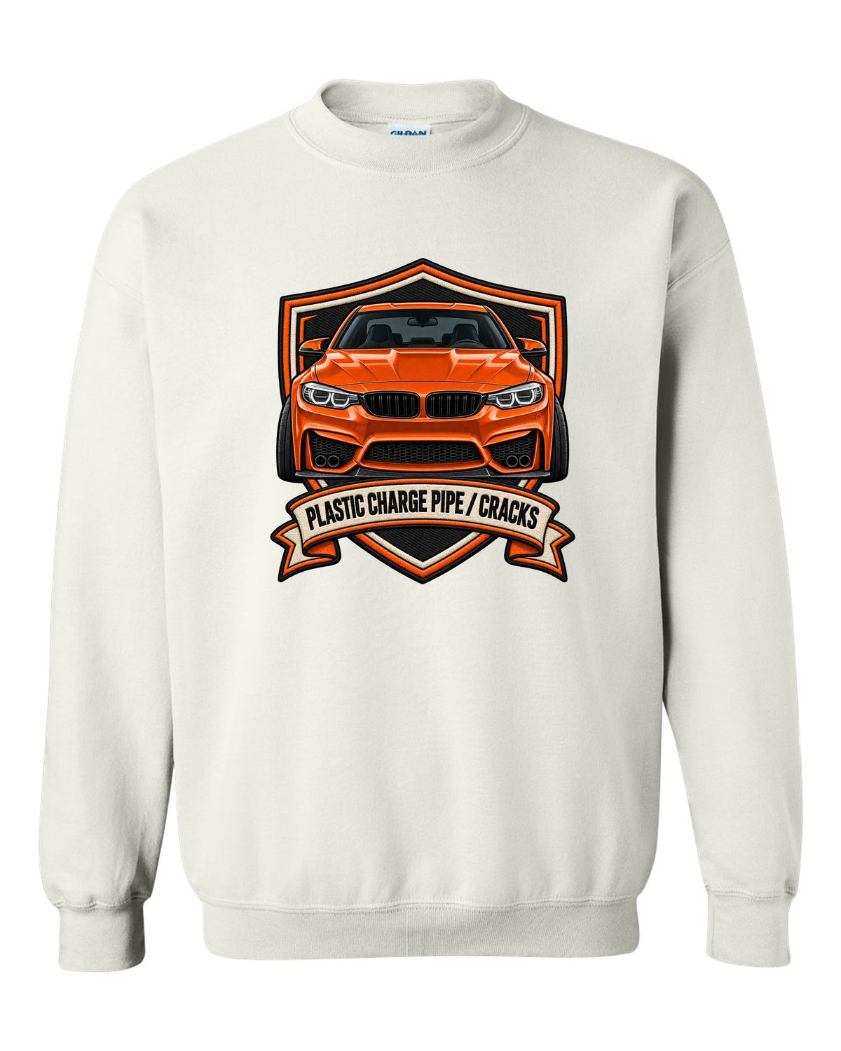 BMW F80 M3 varsity crest print with charge pipe joke text white crewneck front view with the design