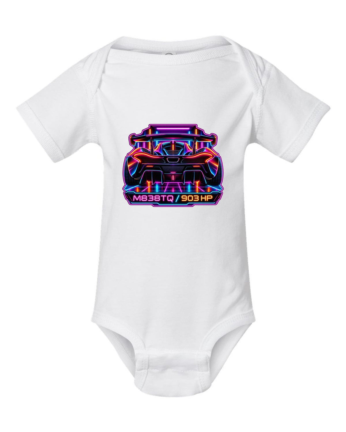 Synthwave neon print of the McLaren P1 with M838TQ and 903 HP lettering white baby onesie front view with the design