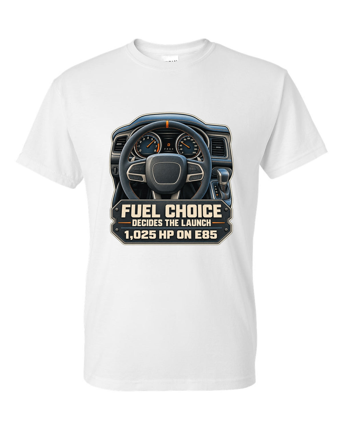 Dodge Challenger SRT Demon 170 cockpit gauge print with E85 1,025 HP text white t-shirt front view with the design