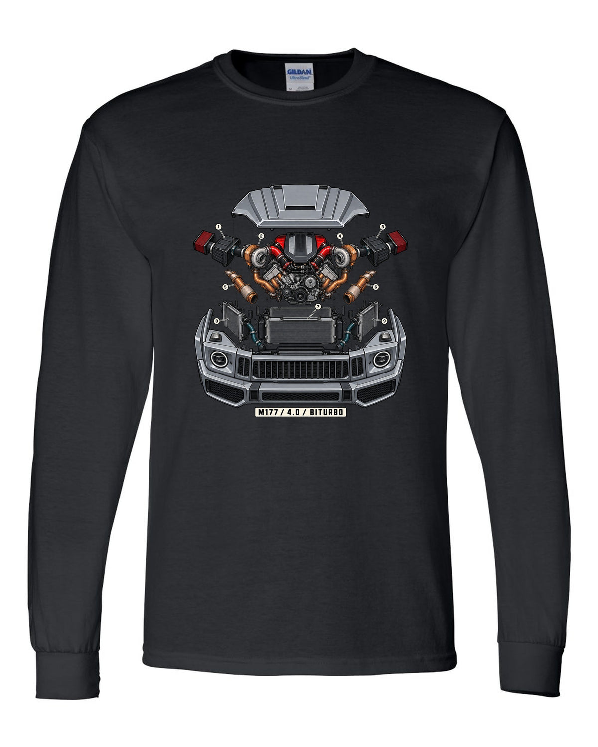 Isometric exploded engine cutaway graphic reading M177 4.0 Biturbo for the Mercedes G63 W464, print black long sleeve front view with the design