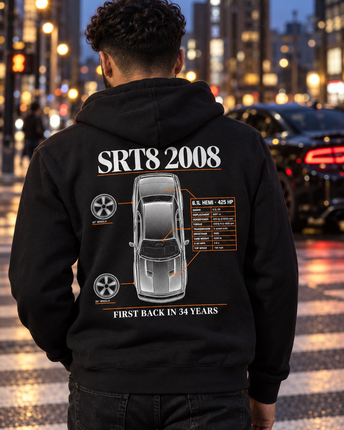 2008 Challenger SRT8 6.1 Hemi Spec Poster Tee, 425 HP Zip Hoodie Black worn hero