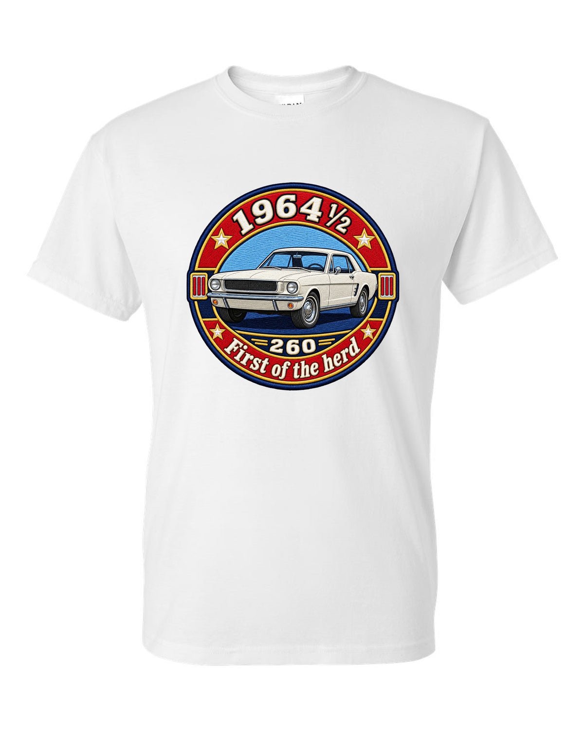 Varsity crest design of a 1964½ Ford Mustang coupe with 260 lettering white t-shirt front view with the design