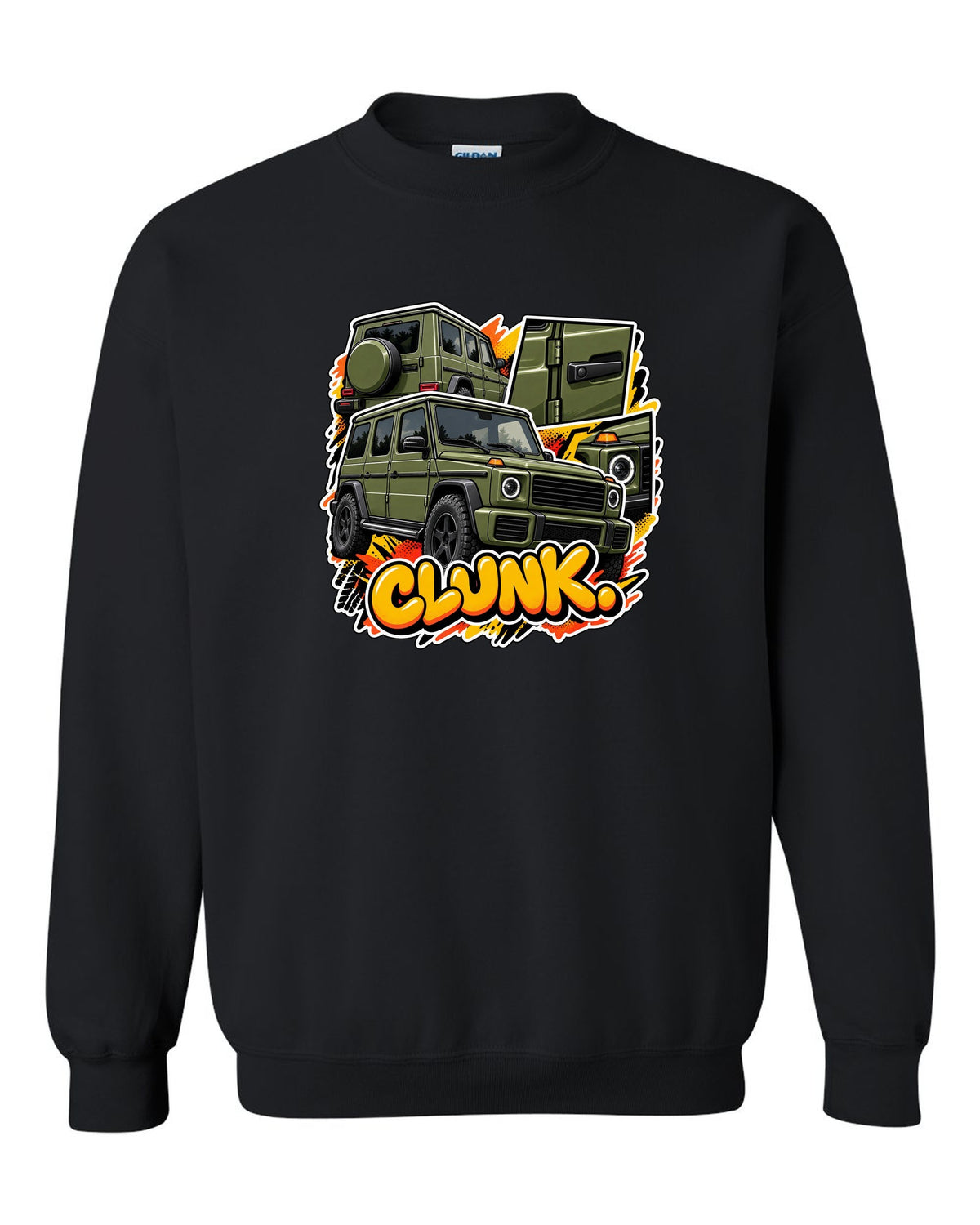 Stencil spray street art graphic of a Mercedes G63 W464 with round headlights, print black crewneck front view with the design