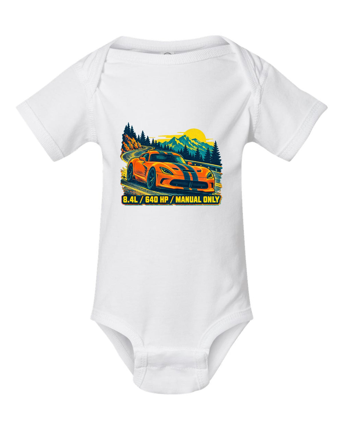 Risograph spot-colour print of a 2013 Dodge Viper VX I with 8.4L text white baby onesie front view with the design