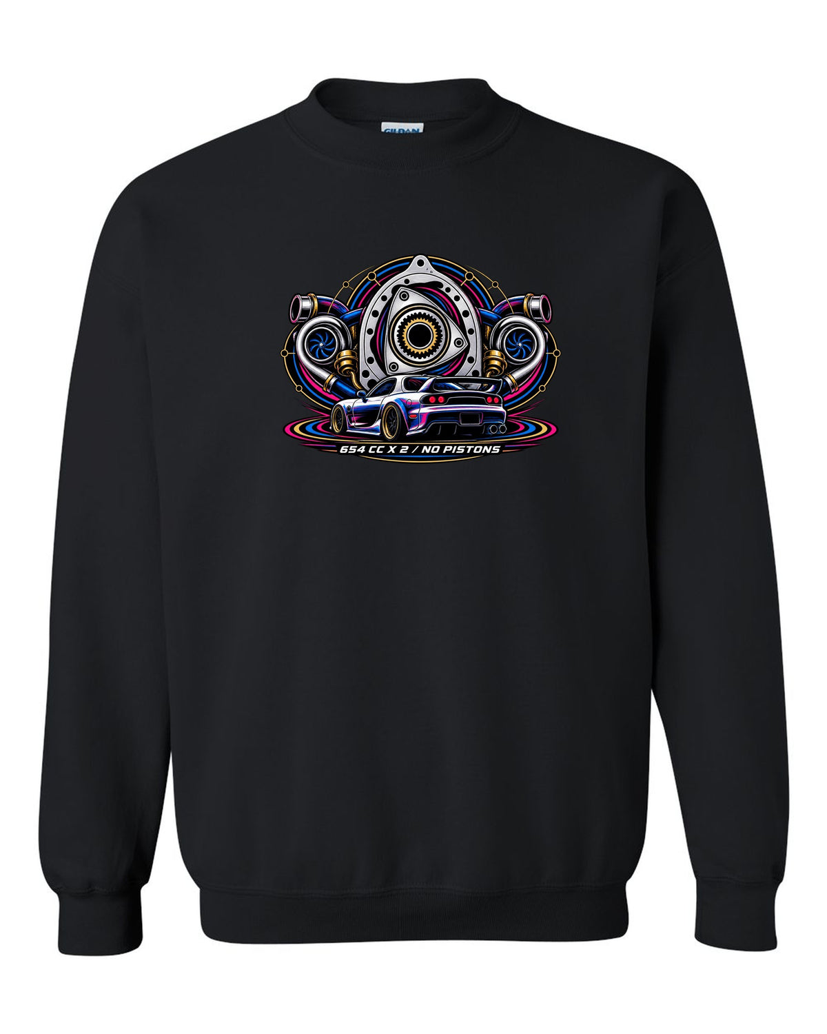 Two-colour riso style rear view print of a Mazda RX-7 FD3S with text $800, FD3S, Runs black crewneck front view with the design