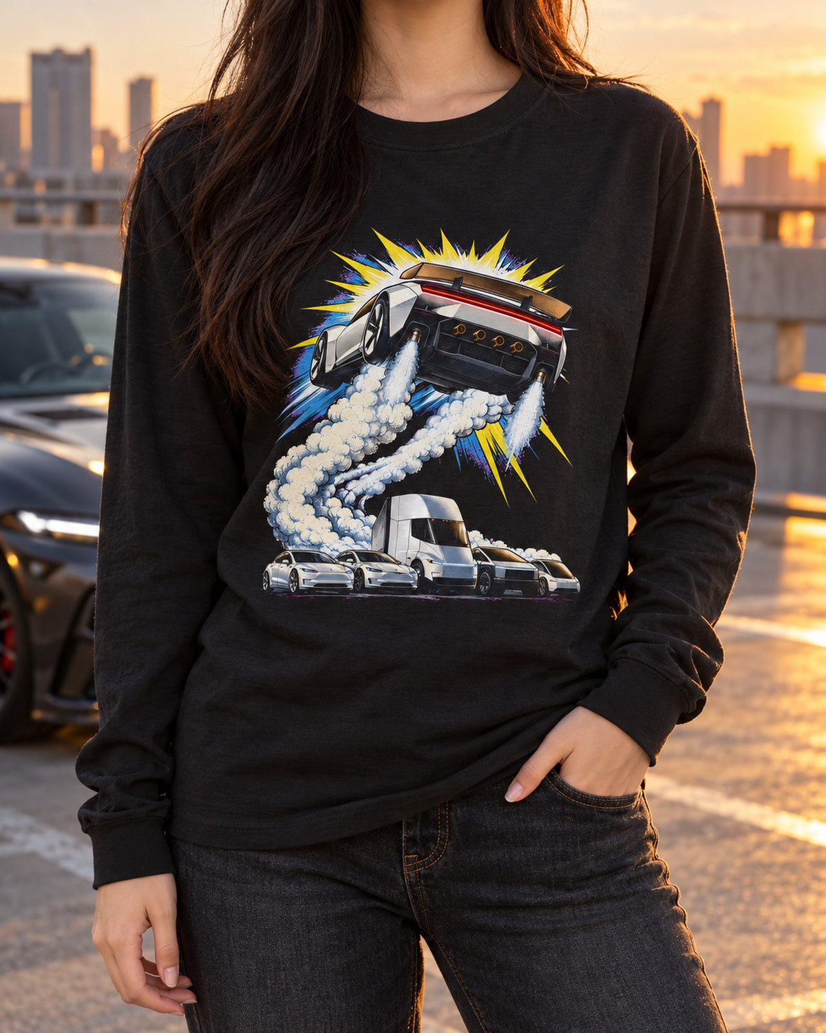 Tesla Roadster The Jump Shirt, Hoodie & More Long Sleeve Black worn hero