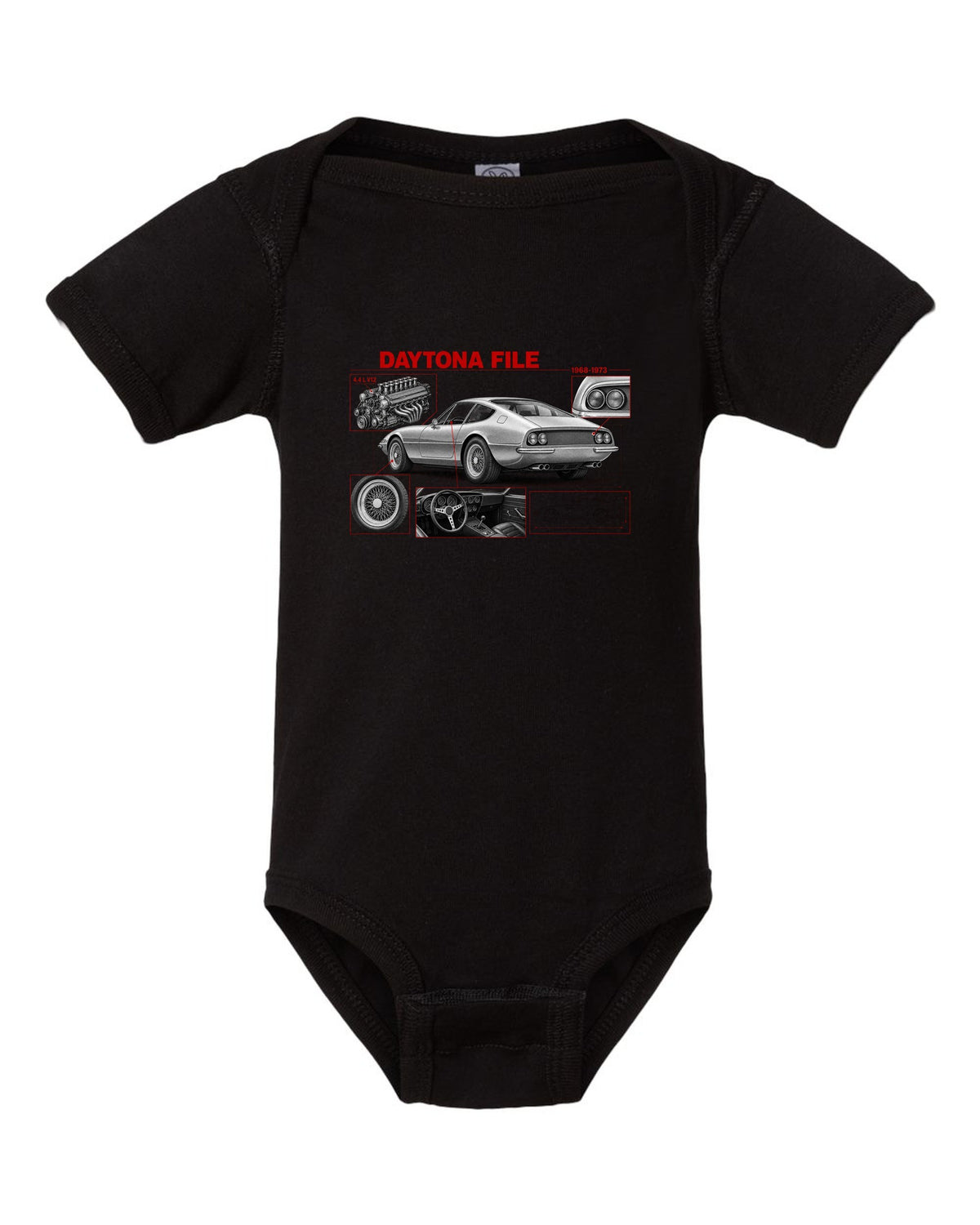 Engine hero print of a Ferrari 365 GTB/4 Daytona V12 with six twin-choke Weber carburettors black baby onesie front view with the design