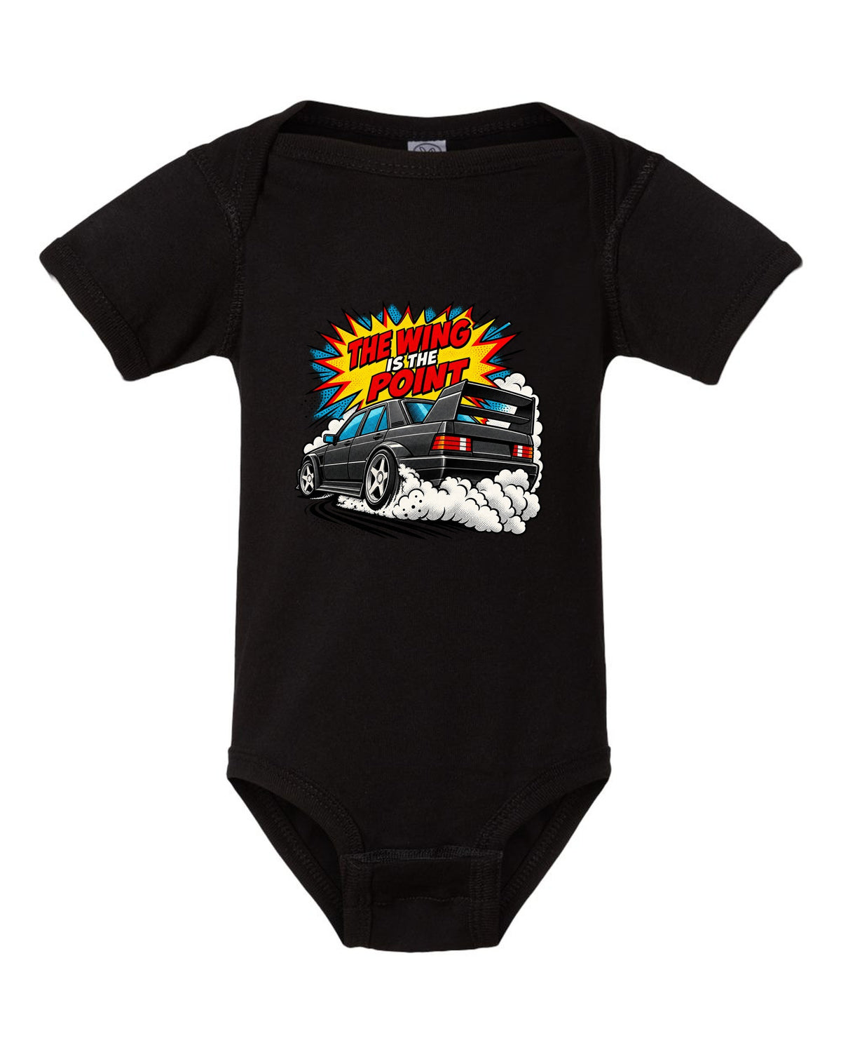 Comic halftone pop-art print of a Mercedes 190E Evo II W201 with rear wing black baby onesie front view with the design