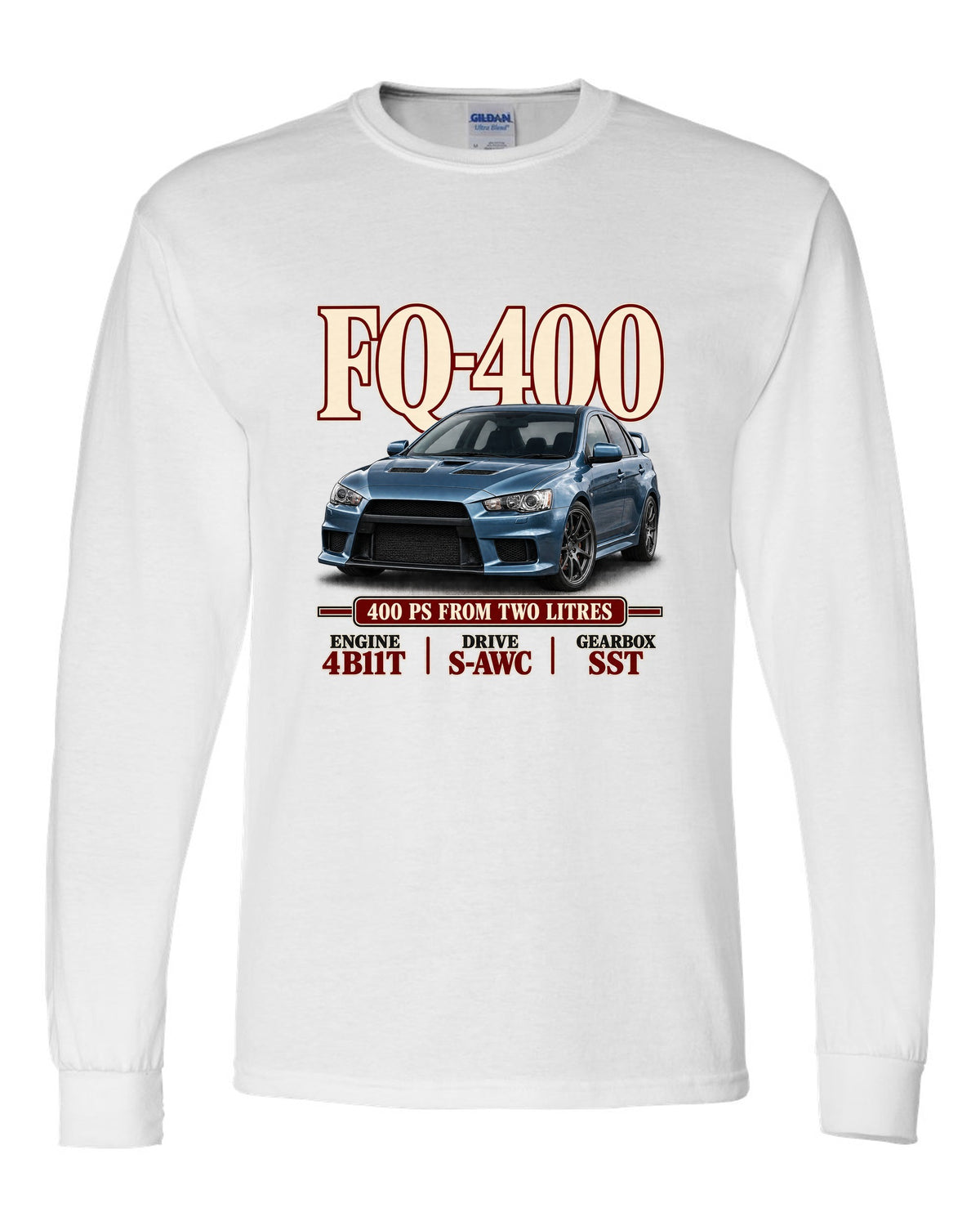 Mitsubishi Lancer Evolution X FQ-400 low front three-quarter archive panel print white long sleeve front view with the design