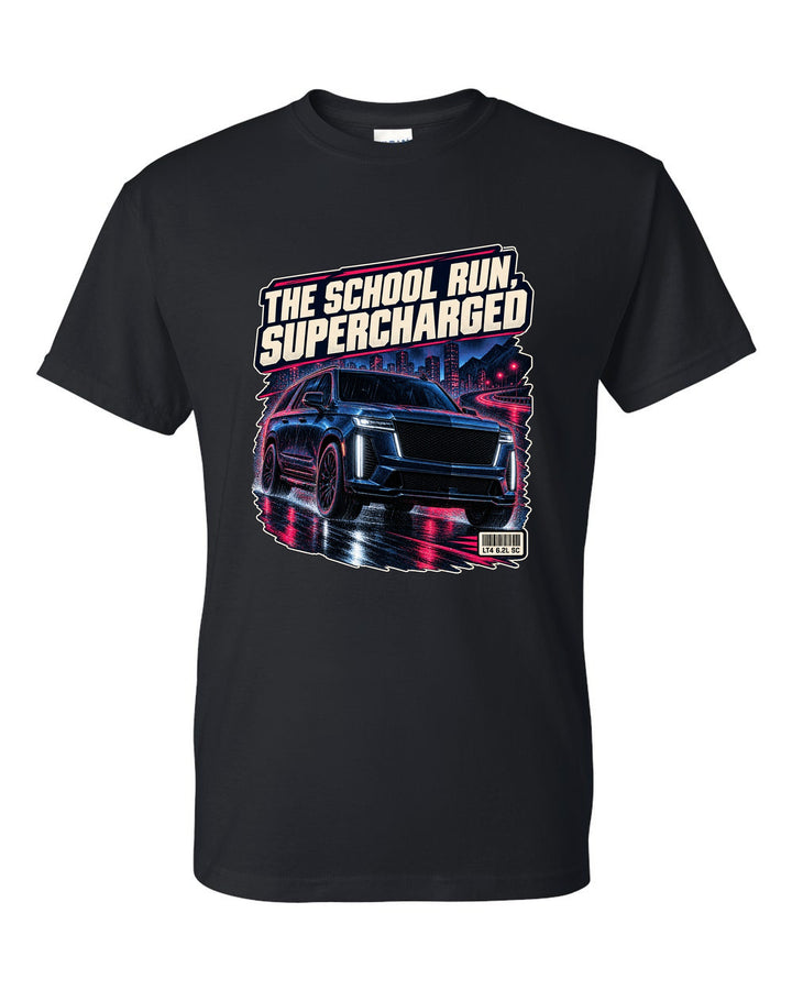 Night street print of a 2023-25 Cadillac Escalade-V black t-shirt front view with the design