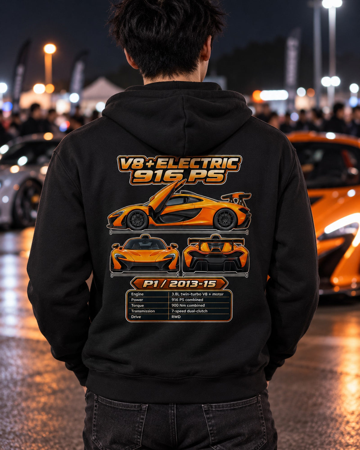 McLaren P1 Spec Sheet Full-Back Graphic Tee Zip Hoodie Black worn hero