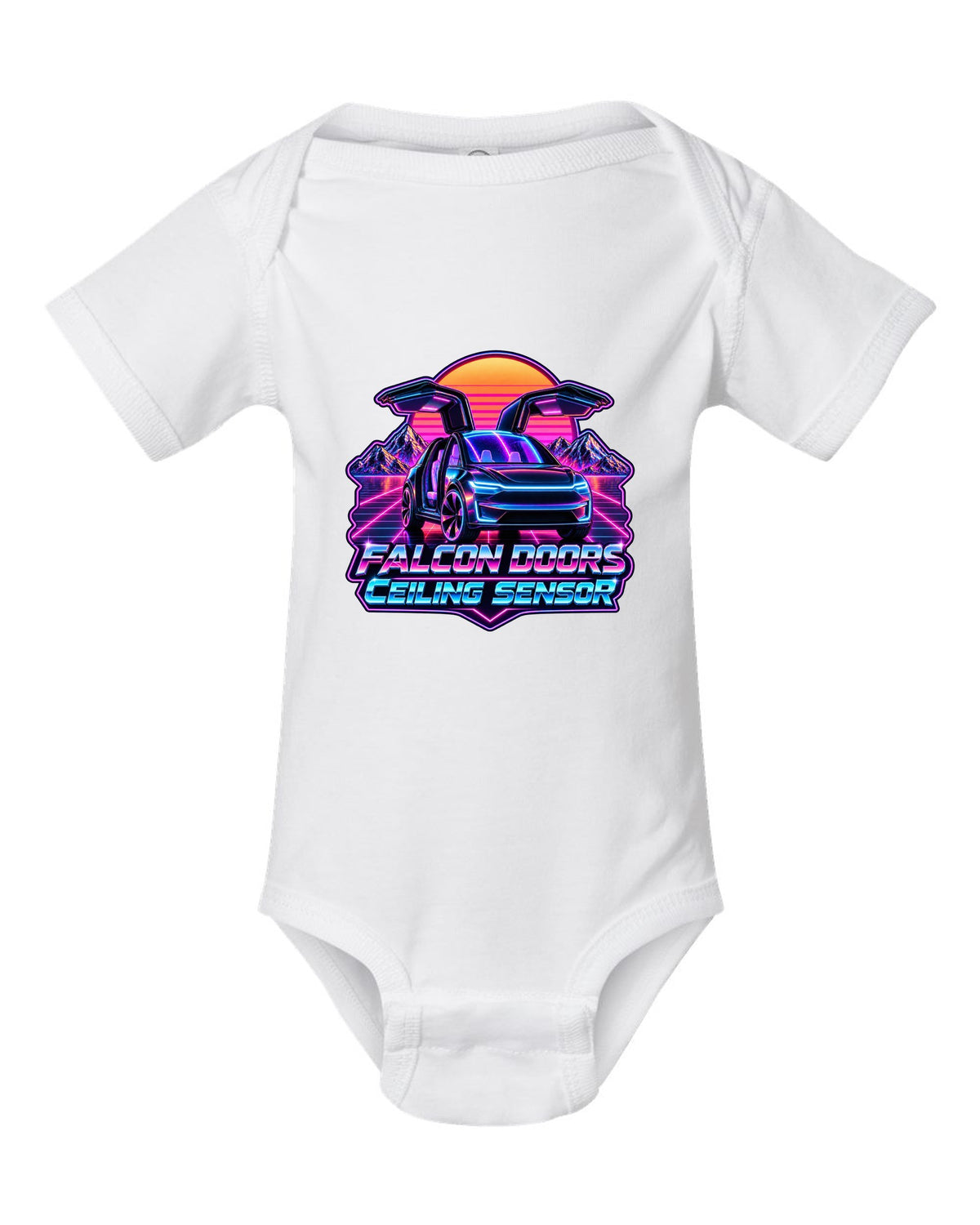 Synthwave outrun print of a Tesla Model X with falcon doors reading Falcon Doors Ceiling Sensor white baby onesie front view with the design