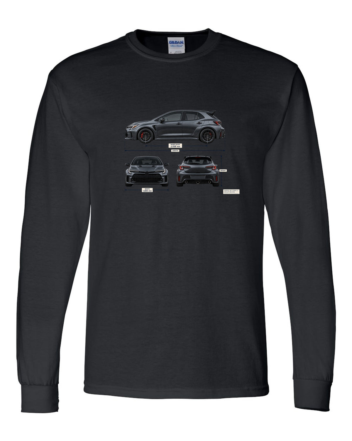 Toyota GR Corolla Core chback in Heavy Metal grey-blue with editorial headline text black long sleeve front view with the design