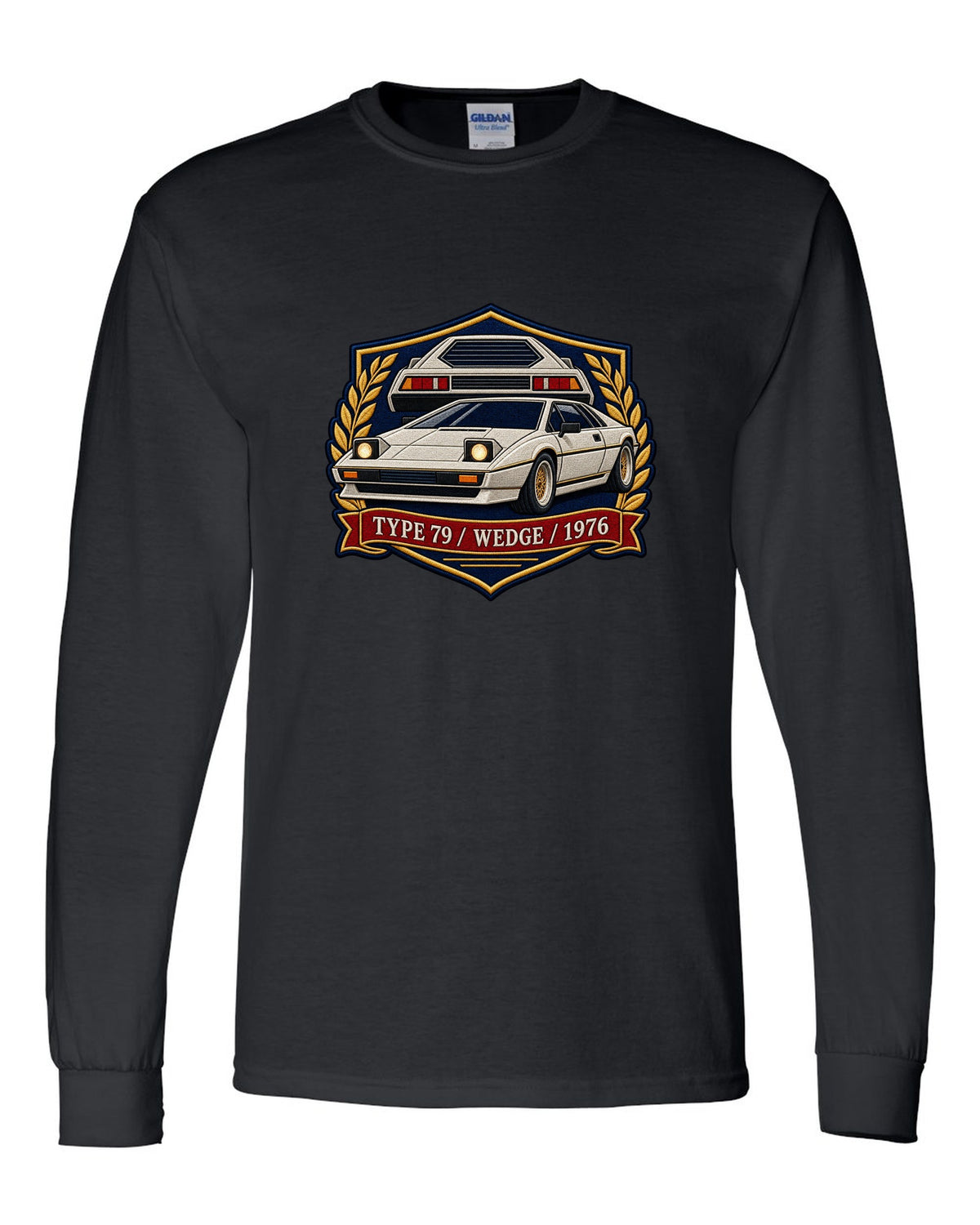 Lotus Esprit Type 79 varsity crest with TYPE 79 WEDGE 1976 lettering black long sleeve front view with the design