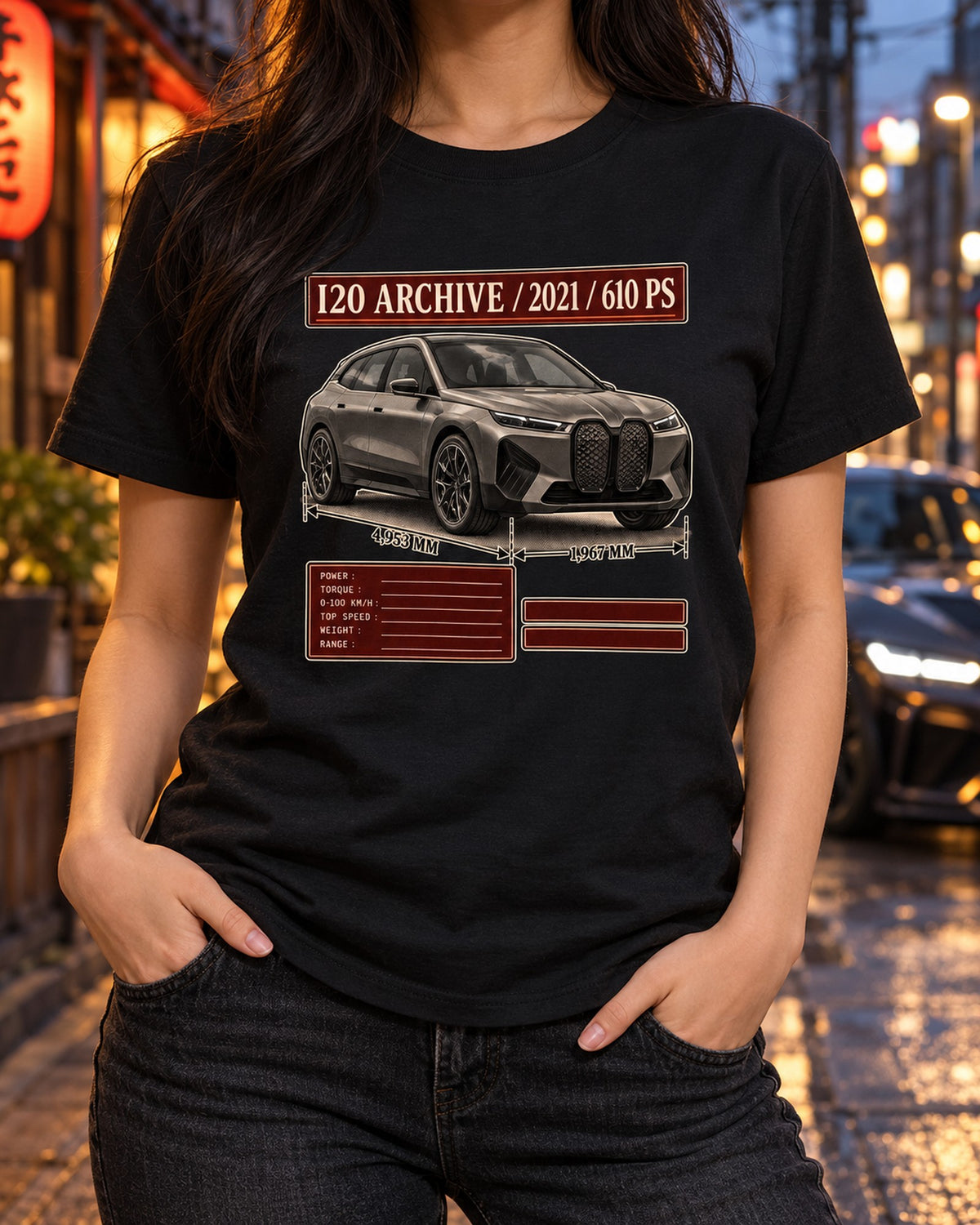 BMW iX M60 I20 Archive Panel Shirt, 2021 610 PS Print T-Shirt Black worn hero