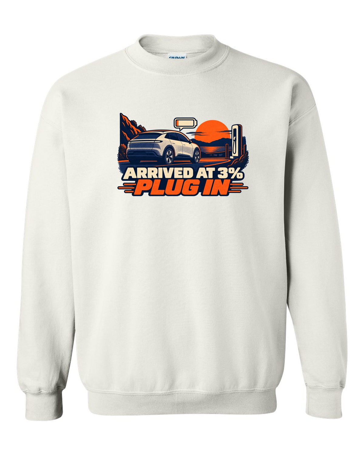 Risograph duotone print of a Tesla Model Y Juniper reading Arrived at 3% Plug In white crewneck front view with the design