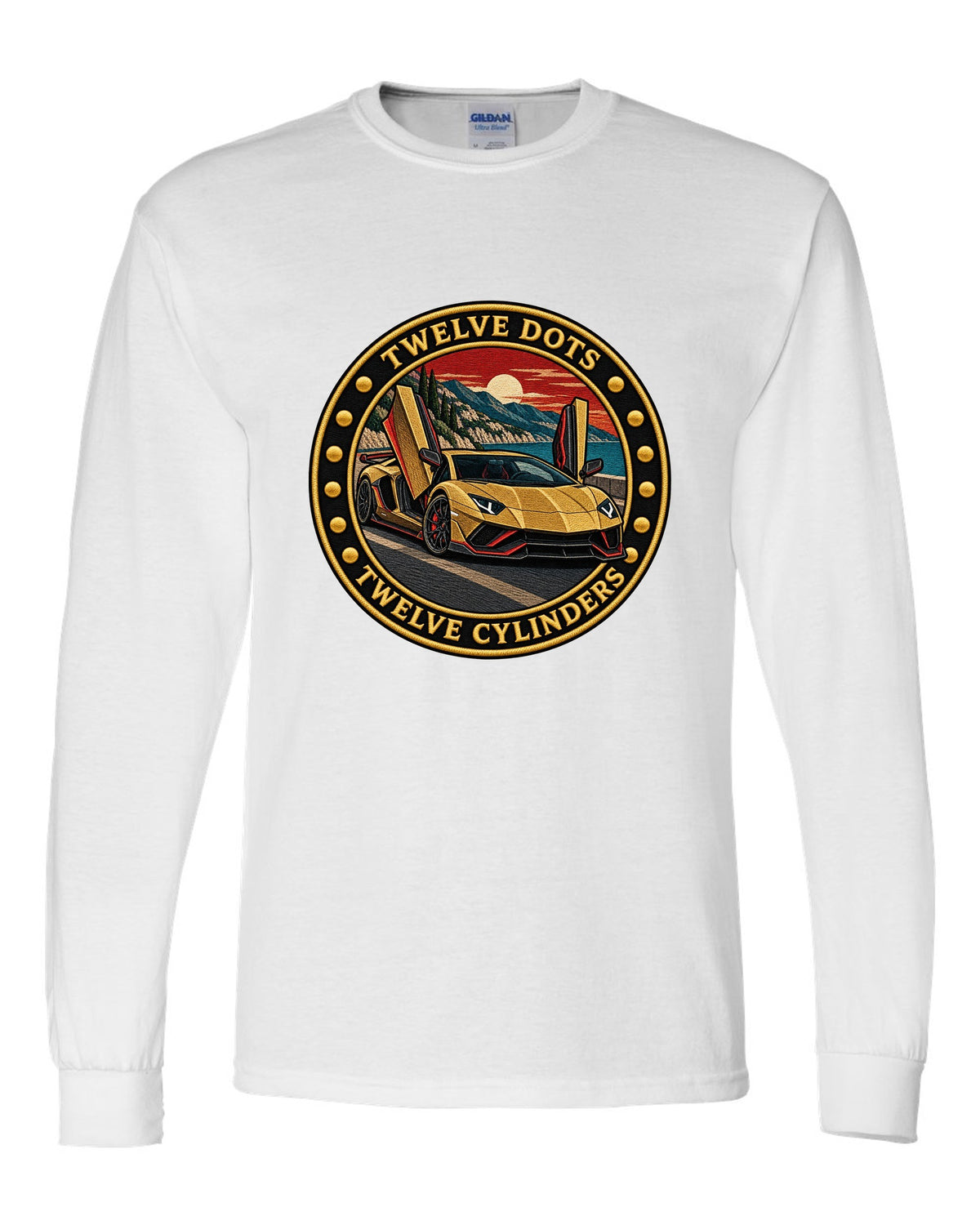 Embroidery-style round crest with a Lamborghini Aventador Ultimae LP780-4 and text TWELVE DOTS / TWELVE CYLINDERS white long sleeve front view with the design