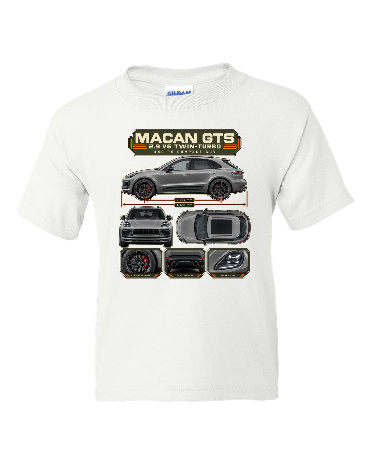 Porsche Macan GTS 95B Dossier Tee, 2.9 V6 Twin-Turbo white kids tee front view with the design