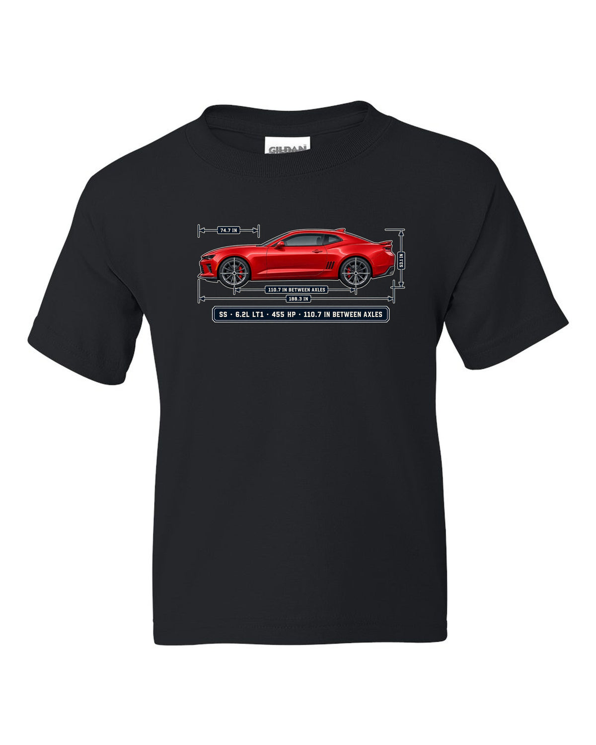 Dimension blueprint print of a 6th generation Chevrolet Camaro SS coupe black kids tee front view with the design