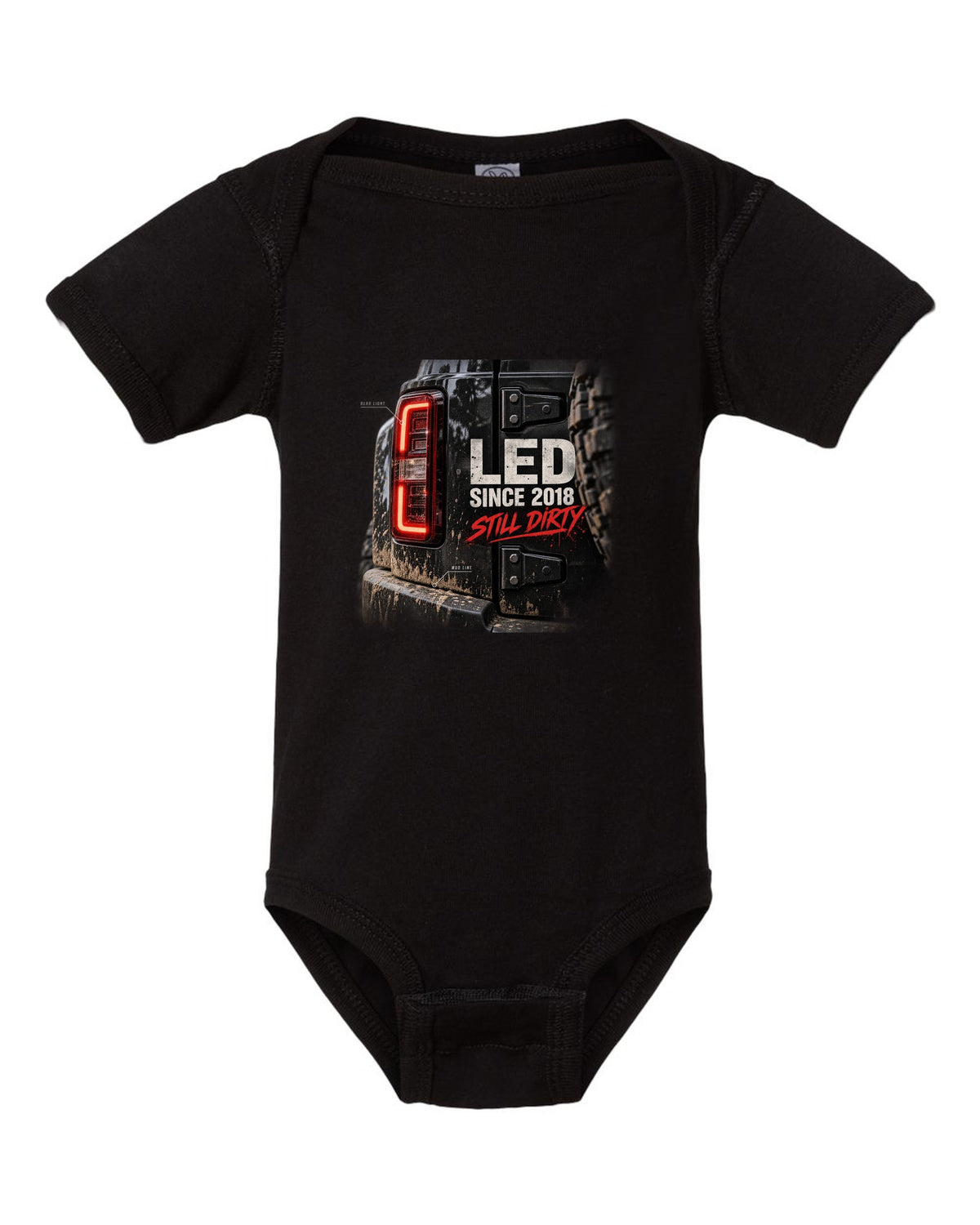 Jeep Wrangler JL LED taillight macro with mud line print black baby onesie front view with the design