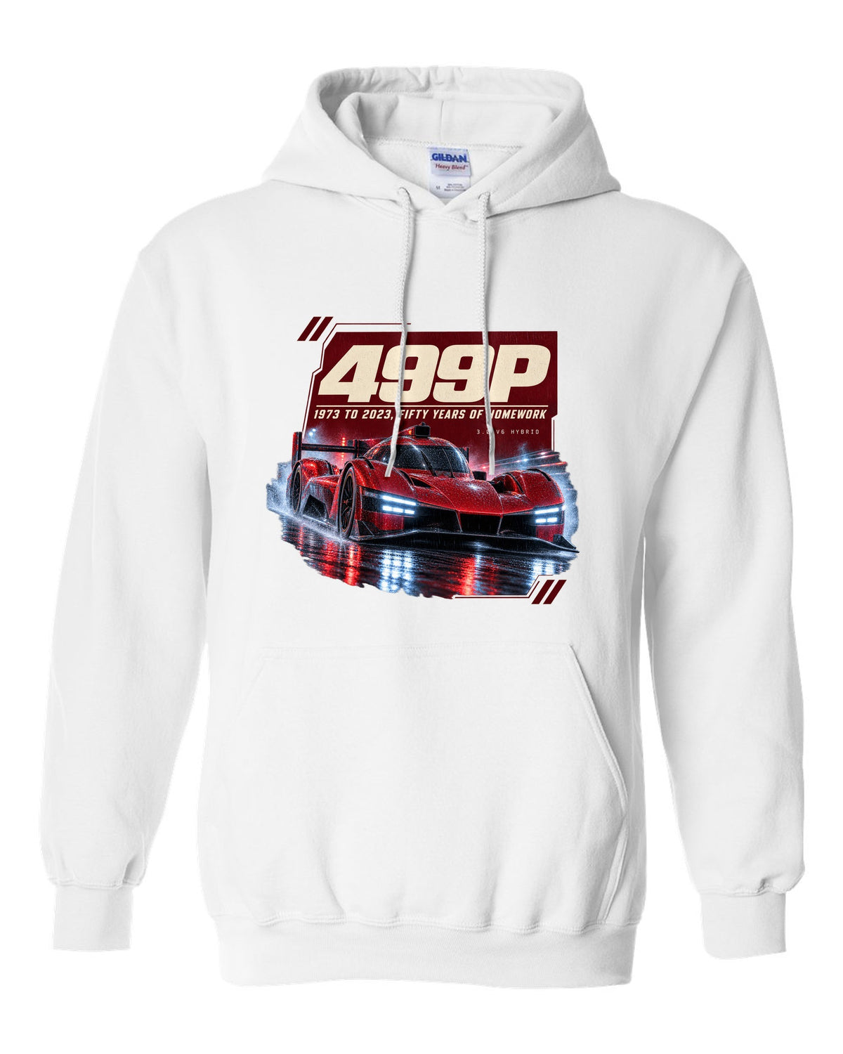 Ferrari 499P on a rainy night street print, 1973 to 2023 white pull over hoodie front view with the design