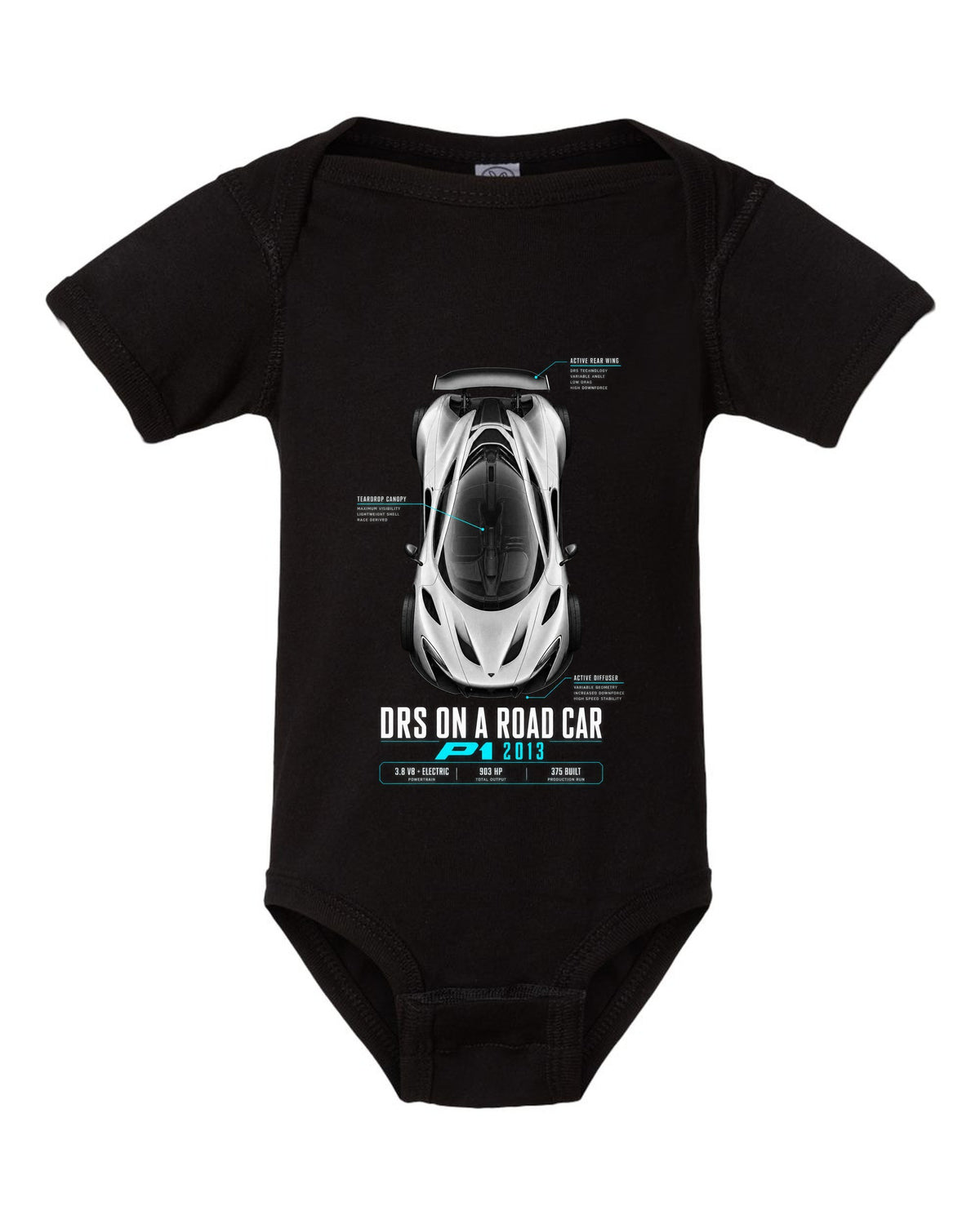 Spec poster print of a 2013 McLaren P1 with DRS on a road car text black baby onesie front view with the design