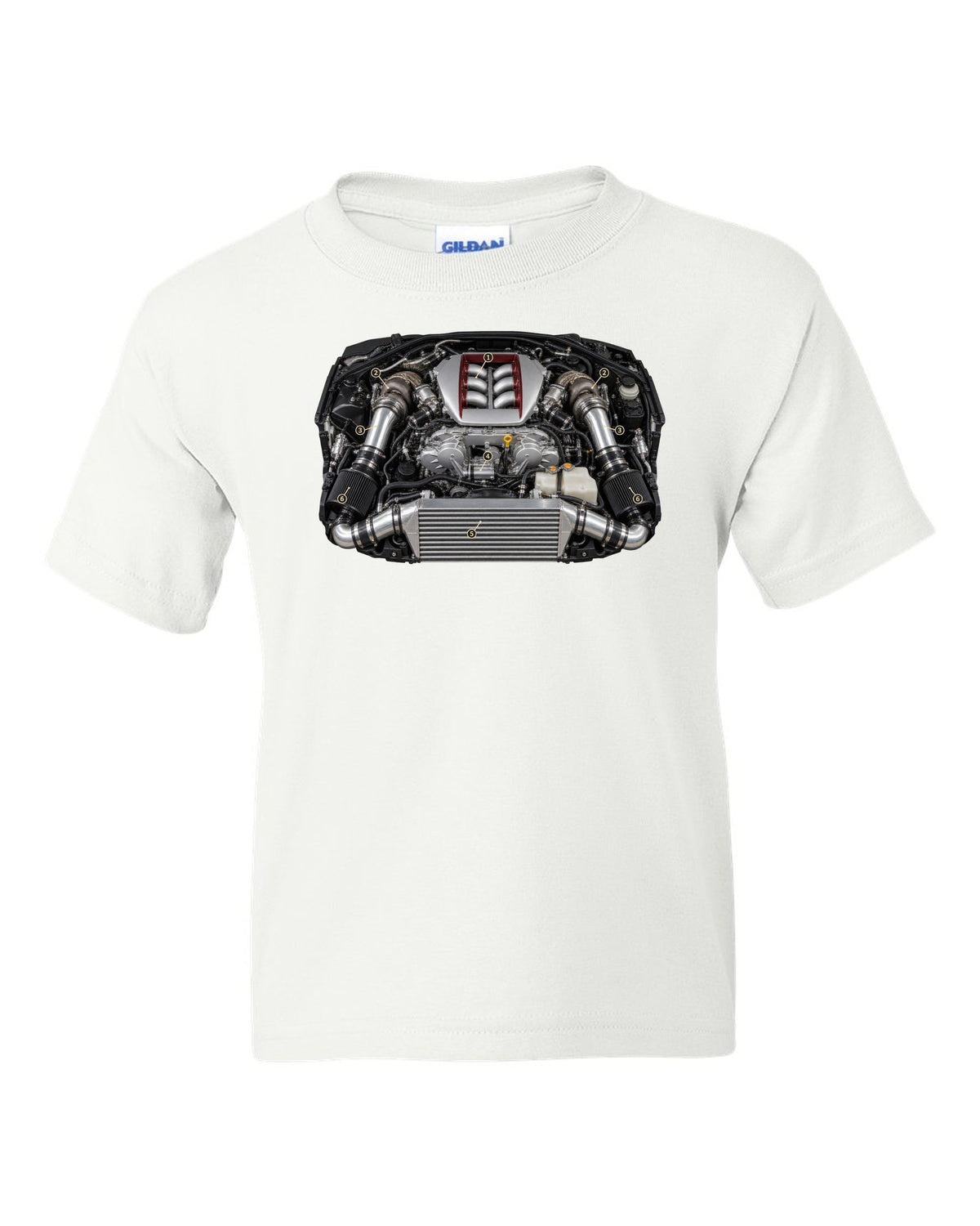 Nissan GT-R R35 early VR38DETT engine poster-style drawing white kids tee front view with the design