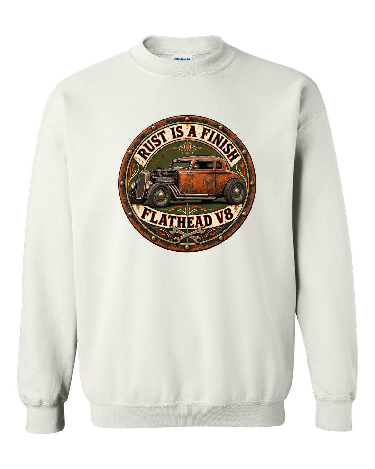 Round badge crest print for a rat rod hot rod with Rust Is A Finish and Flathead V8 lettering white crewneck front view with the design