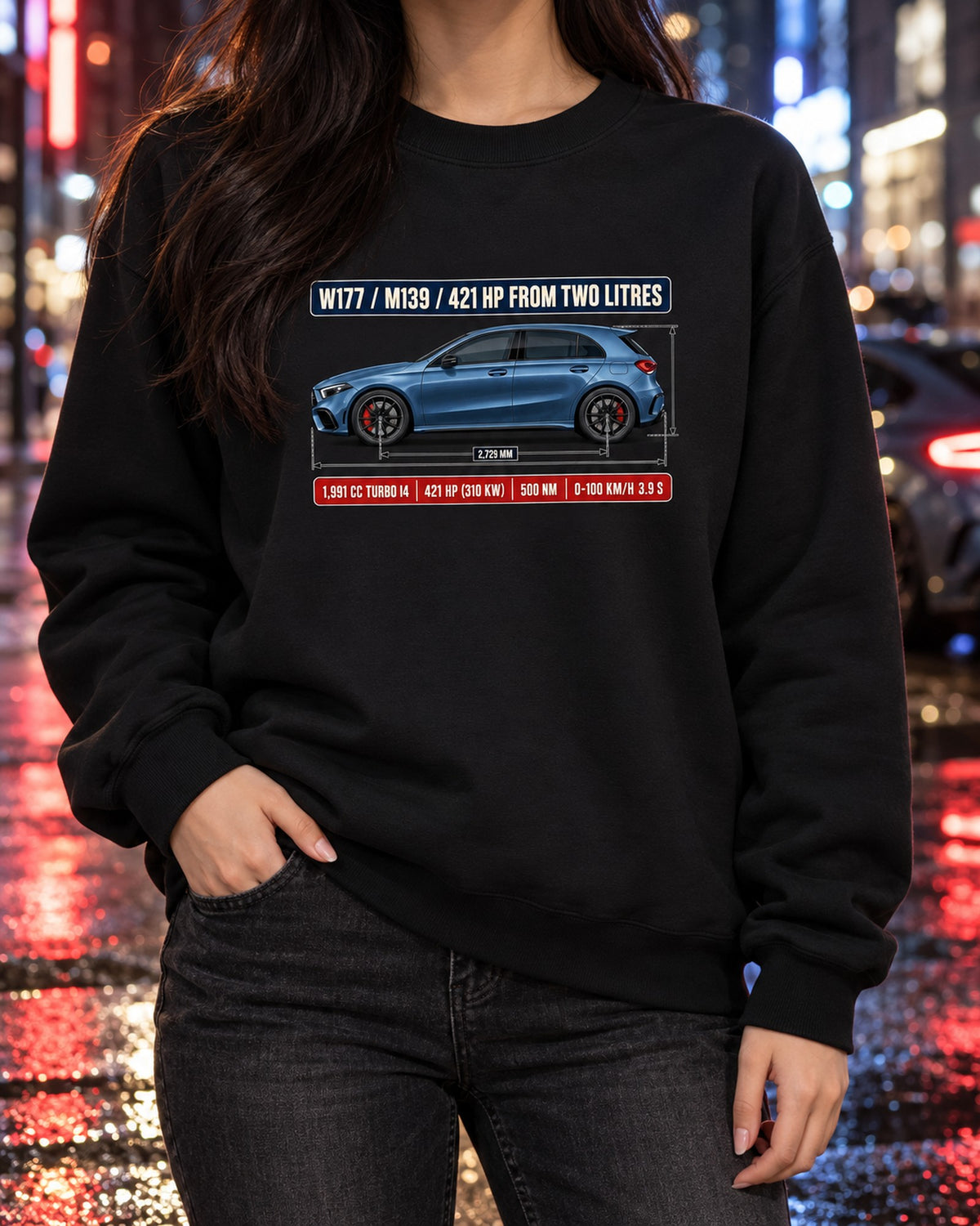 Mercedes-AMG A45 S W177 Dimension Blueprint Shirt Crewneck Black worn hero