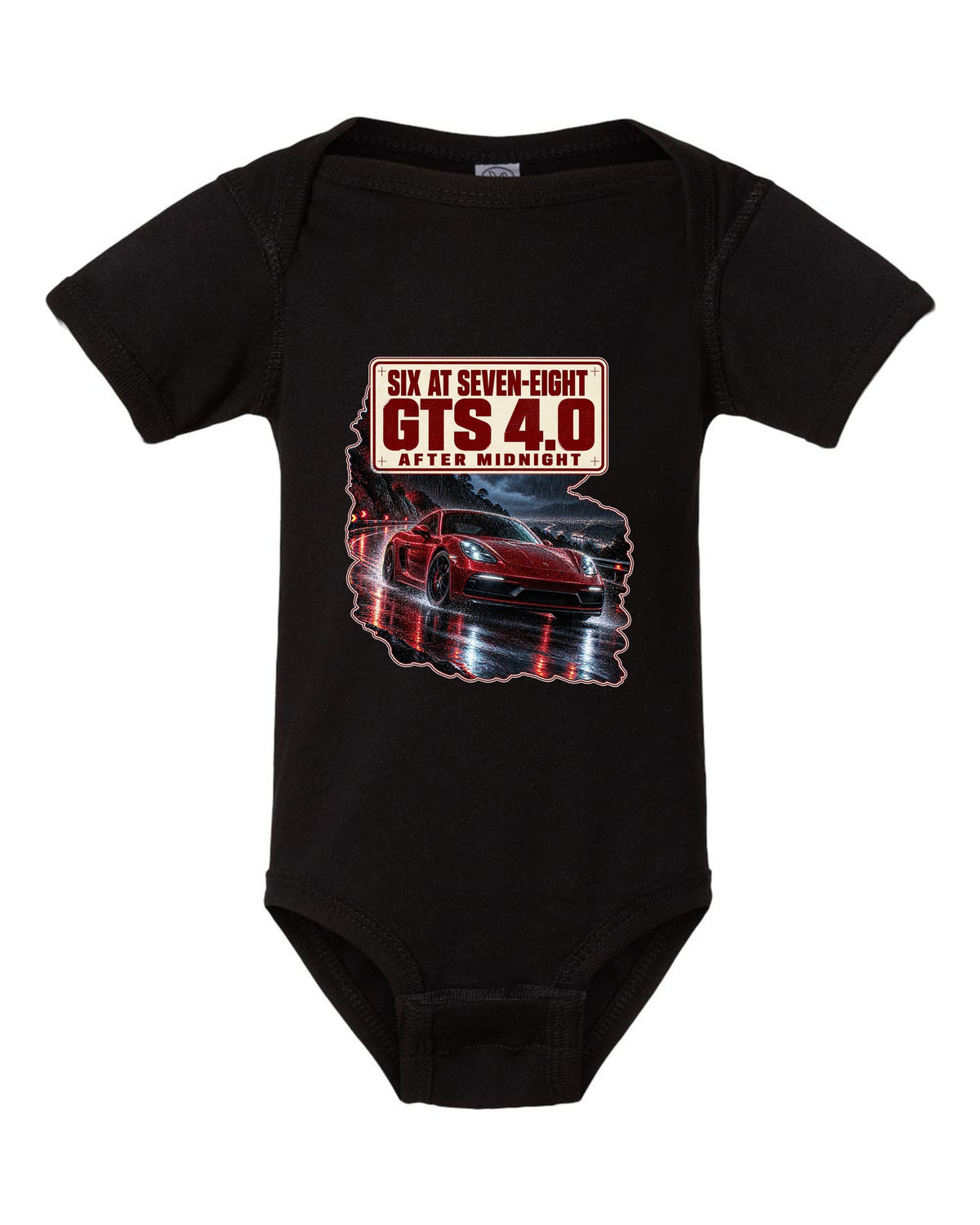 Night street print of a Porsche 718 Cayman GTS 4.0 982 with six at seven-eight text black baby onesie front view with the design