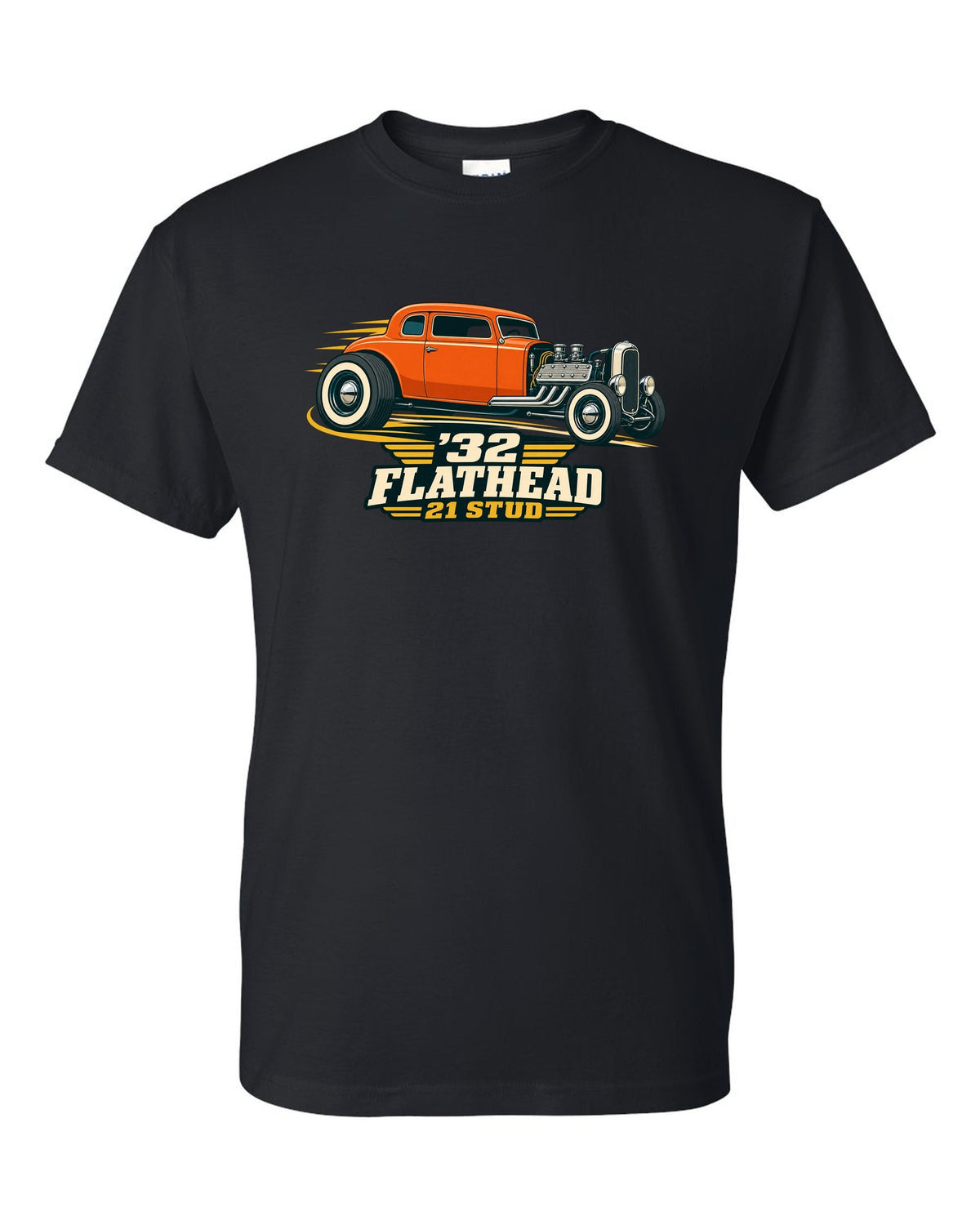 print of a two-tone flat vector 1932 Ford Deuce three-window coupe with flathead lettering black t-shirt front view with the design