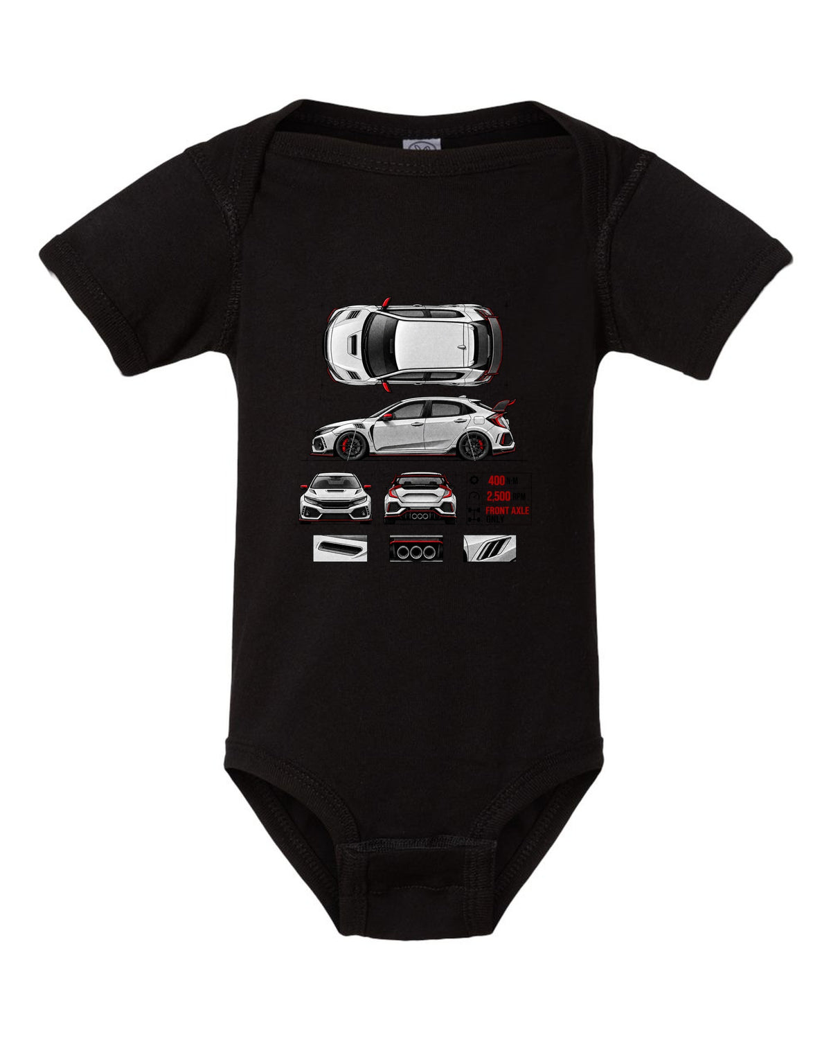 Spec poster print of a 2018 Honda Civic FK8 chback with torque figures black baby onesie front view with the design