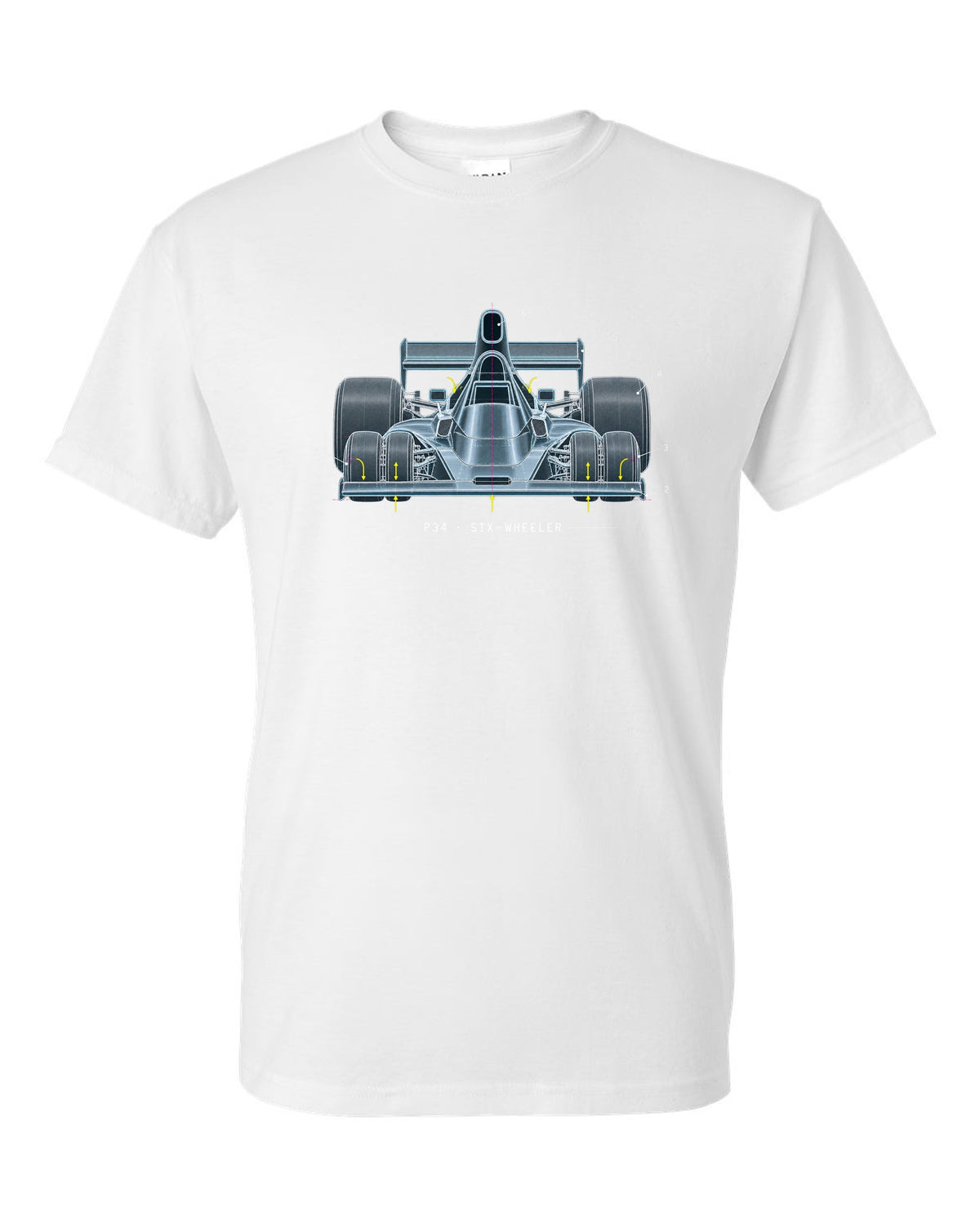Blueprint patent-style drawing of the Tyrrell P34 six-wheeler white t-shirt front view with the design