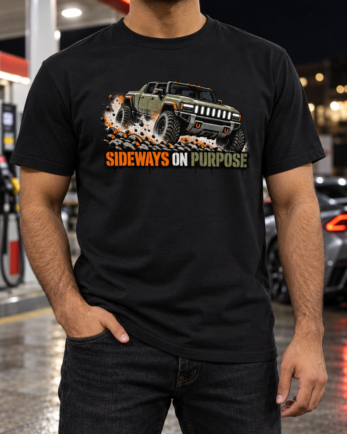 GMC Hummer EV Diagonal Drive Stencil print Tee T-Shirt Black worn hero