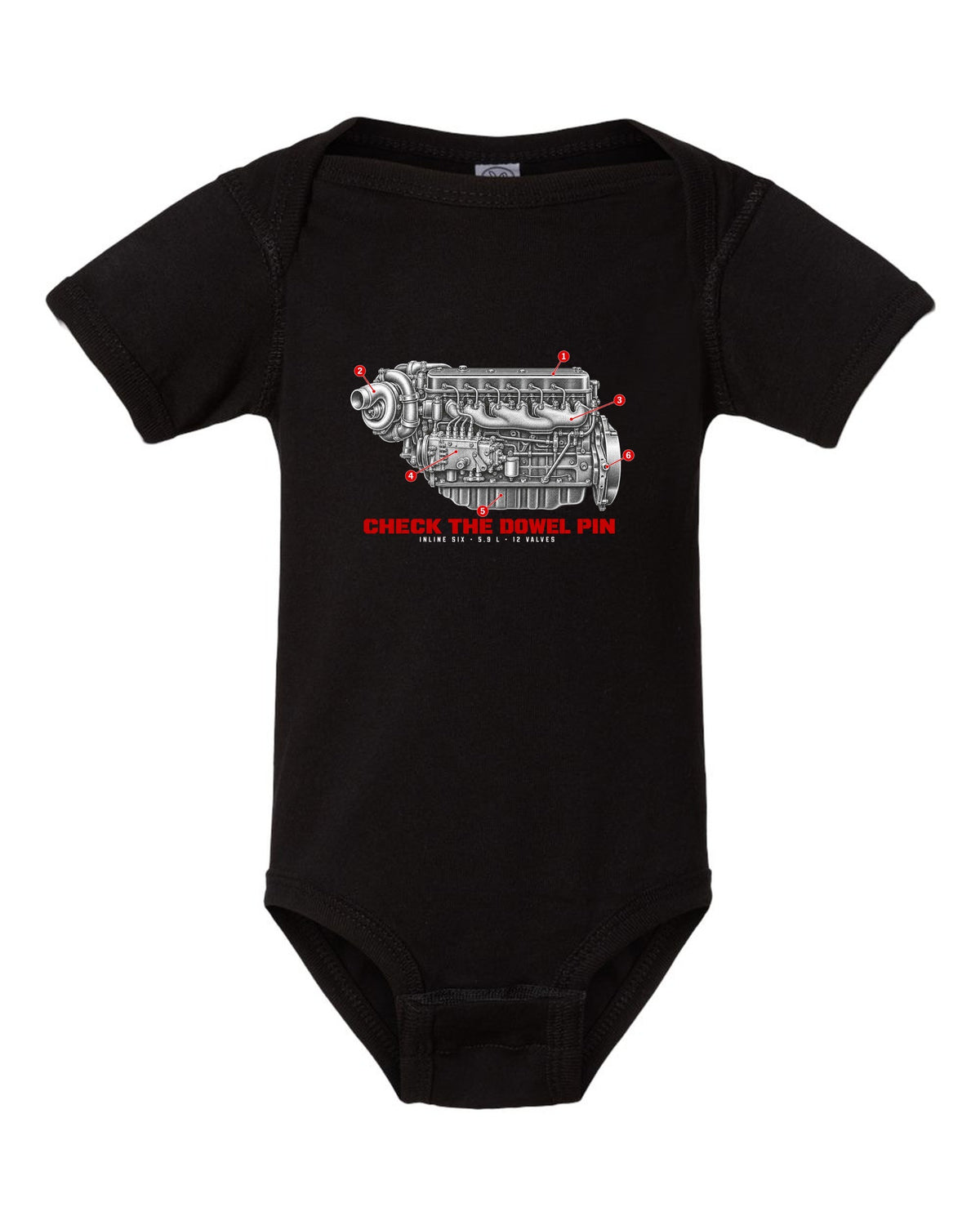 Engine hero print of a 1994-98 Ram 2500 5.9L 12-valve Cummins inline six black baby onesie front view with the design