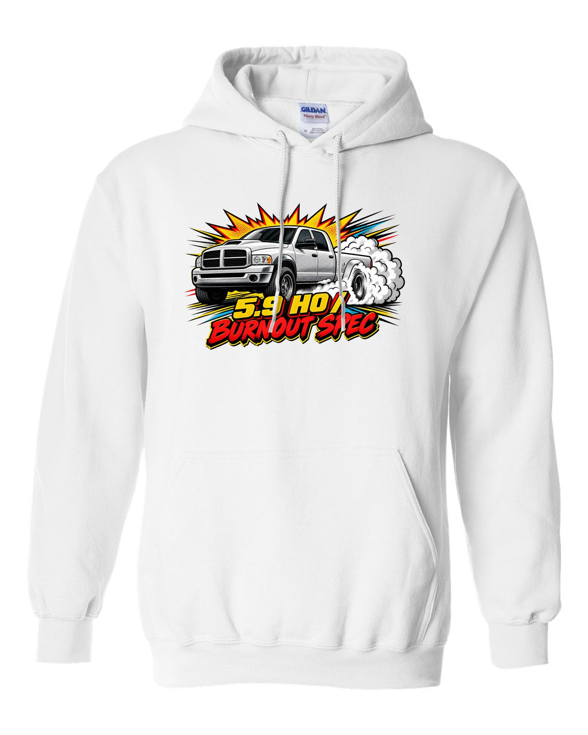 Comic halftone pop-art of a 2003-2009 Dodge Ram 3rd gen 5.9 HO with the words Burnout Spec white pull over hoodie front view with the design