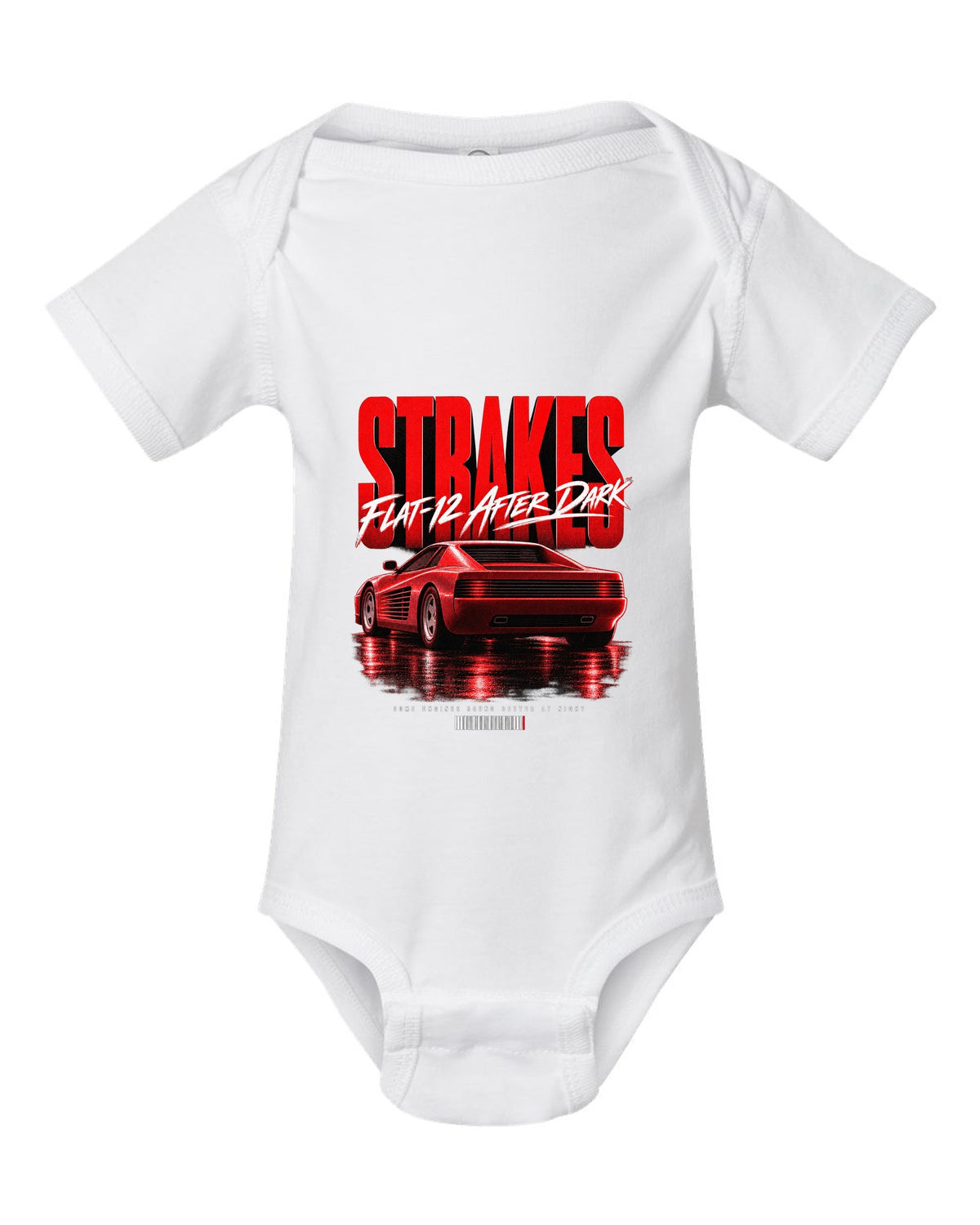 Street poster print of a Ferrari Testarossa F110 rear three-quarter with strakes and flat-12 text white baby onesie front view with the design