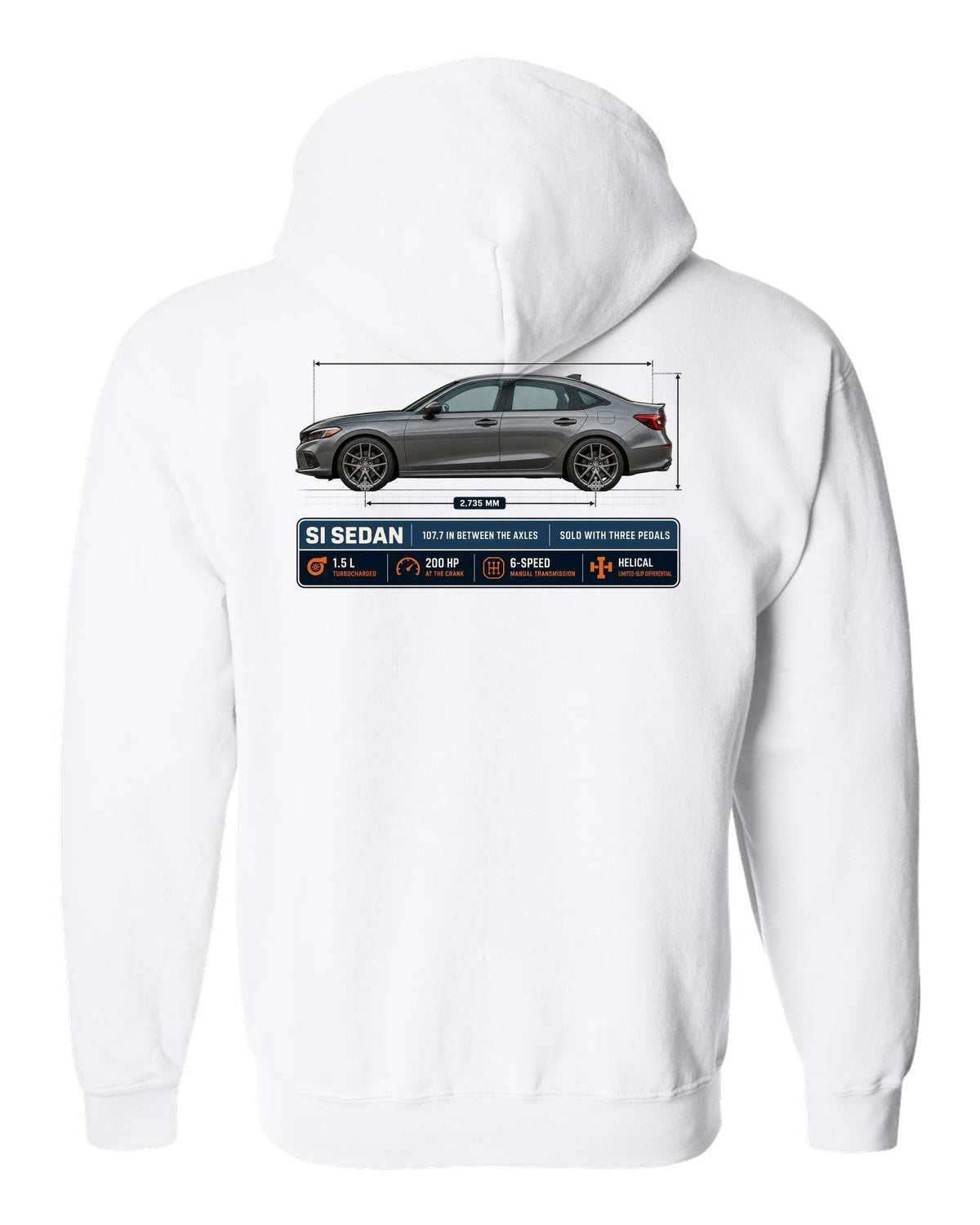 Civic Si FE1 Sedan Dimension Blueprint white zip hoodie back view with the design